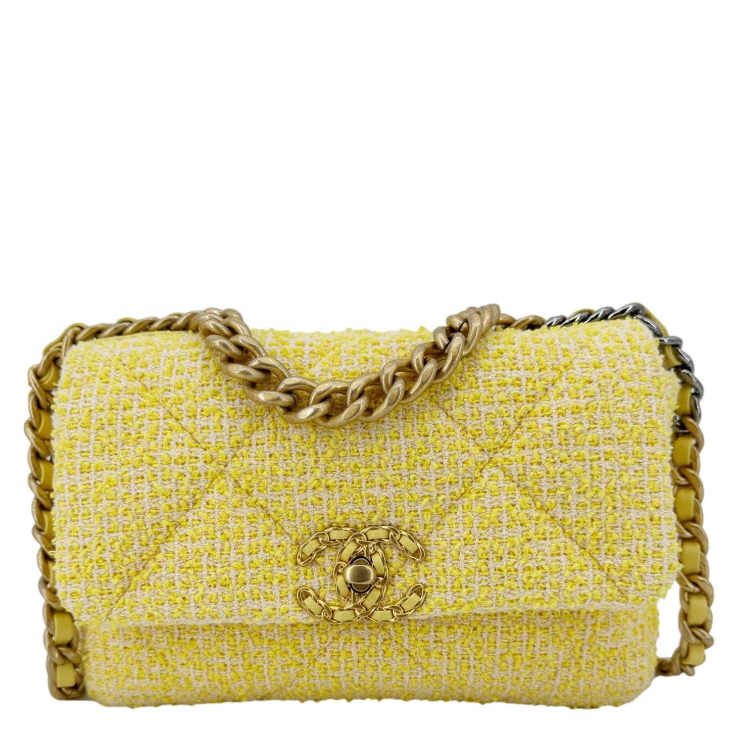 Chanel 19 Flap Quilted Tweed Yellow Travel Bag