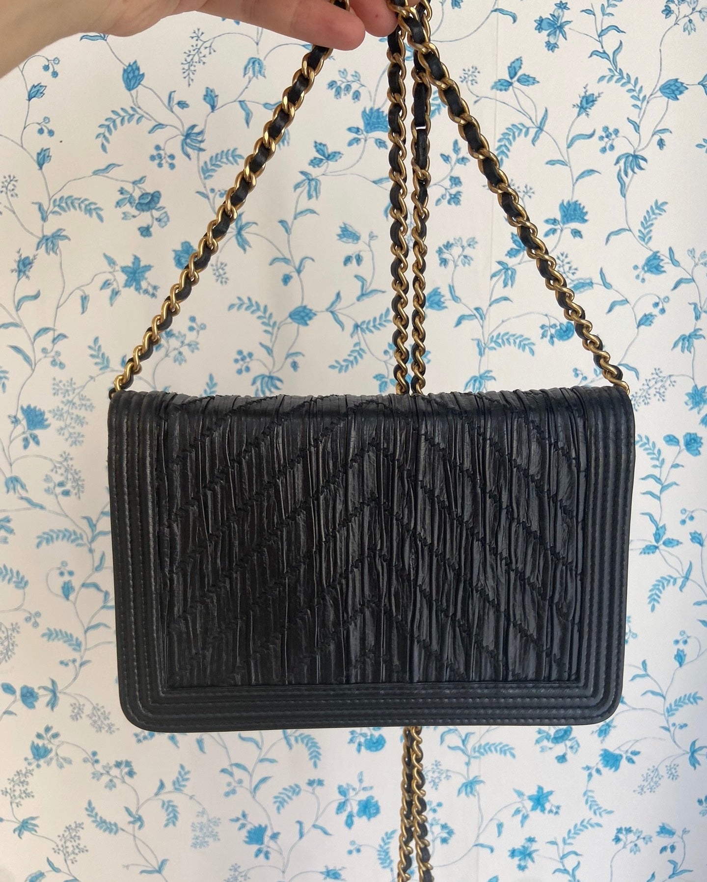 Chanel on WOC Boy Calfskin Chevron Wrinkled Black Leather Wallet Case