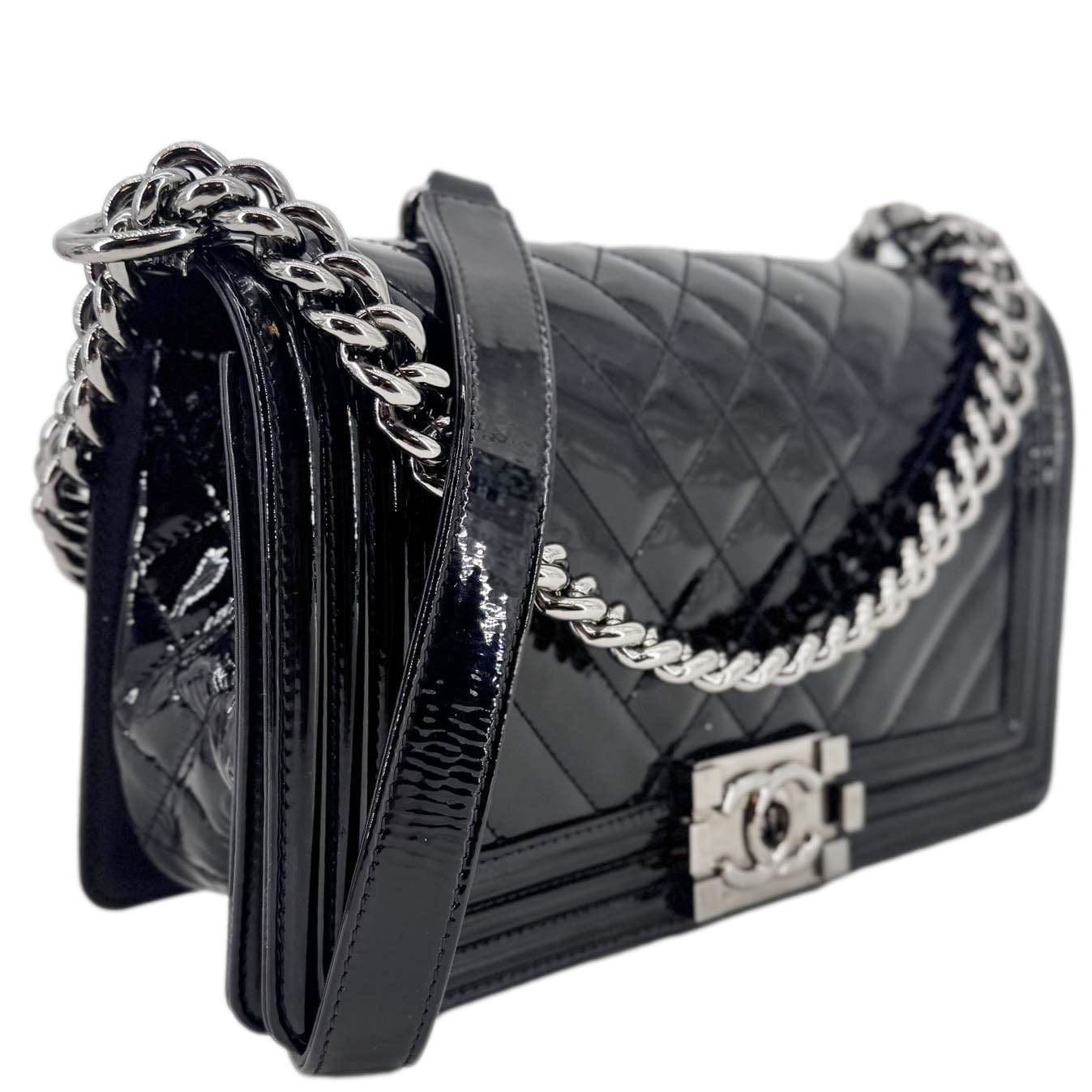 Chanel Boy Flap Chevron Patent Leather Black Travel Bag