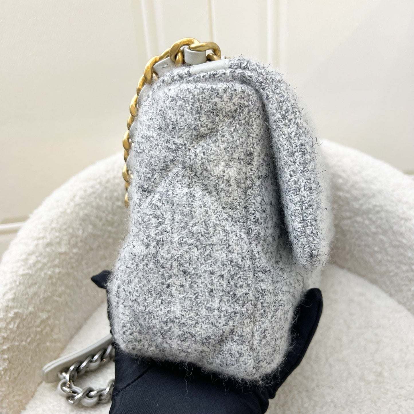 Chanel 19 Small Flap Bag in Light Grey Tweed and 3 Tone Hw