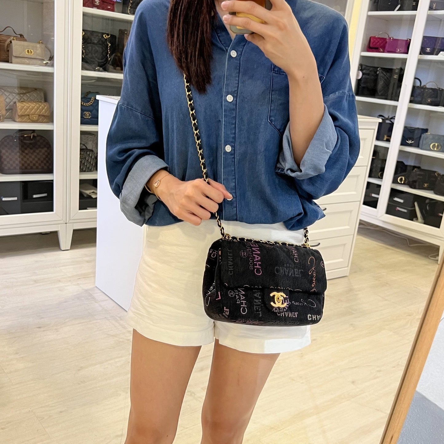 Chanel 22P Denim Mood Small Flap Bag in Black Printed Denim and Aghw