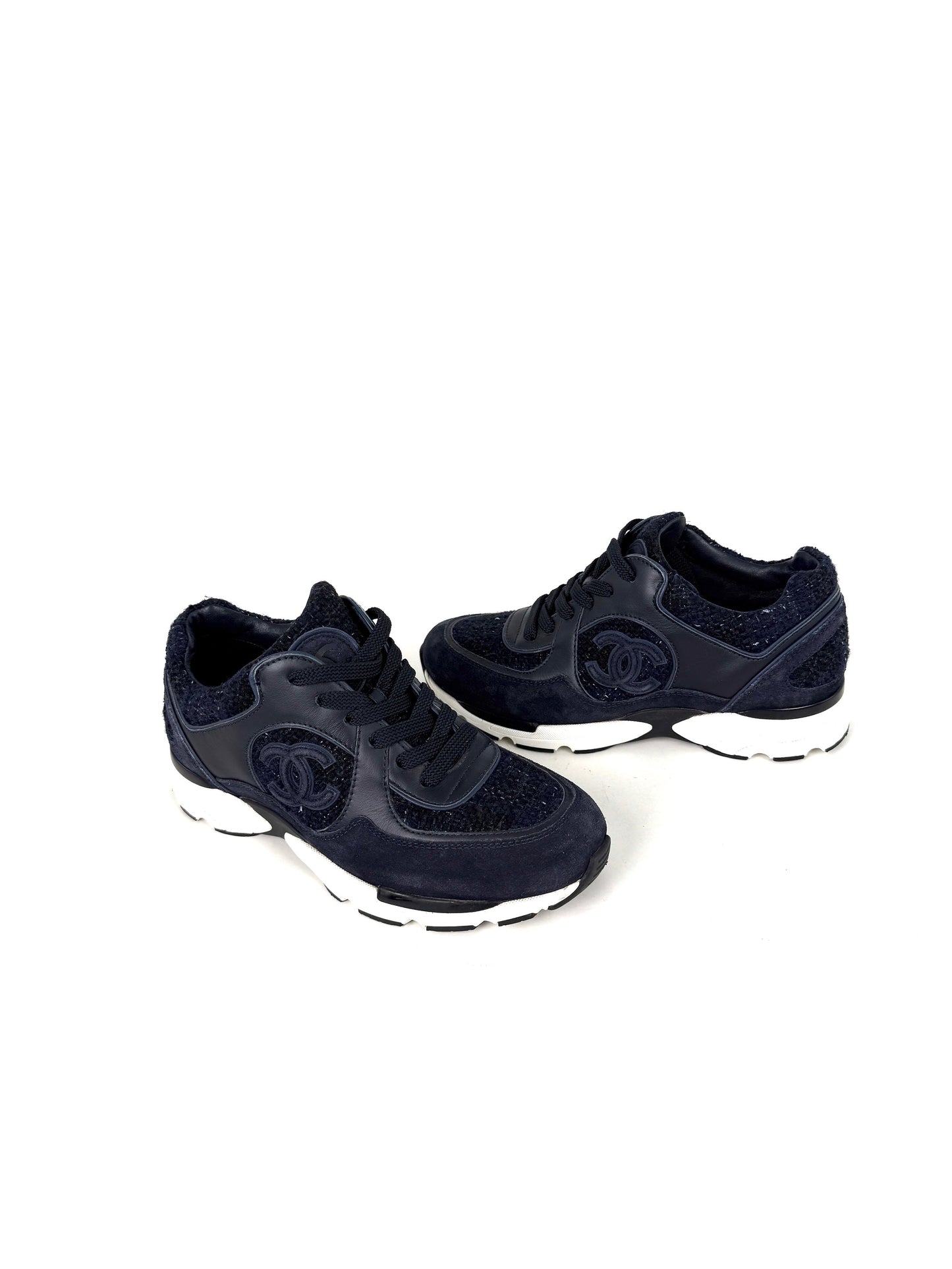 Chanel 24A Navy Blue Black Tweed Sneakers 37,6 for Women