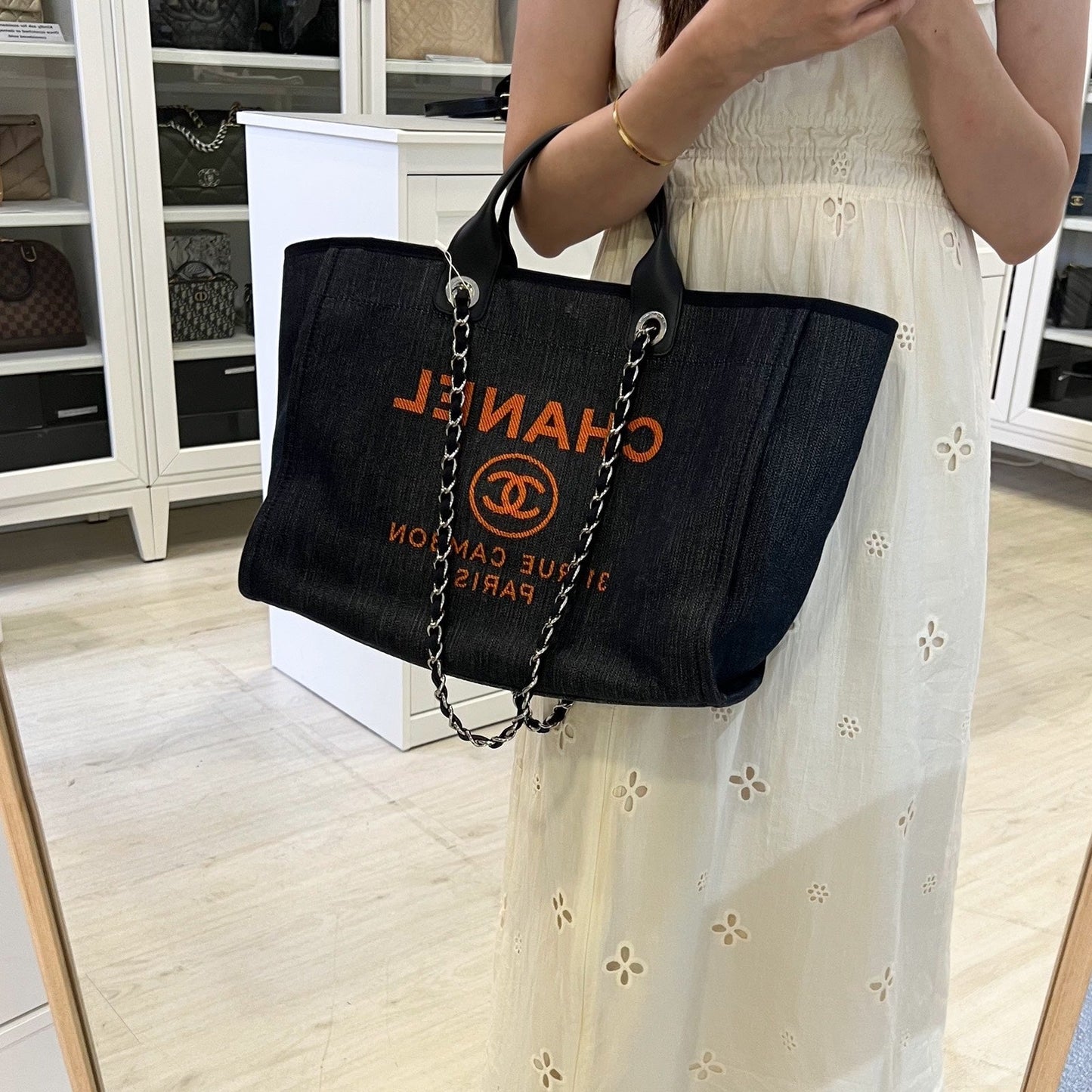 Chanel Medium / Large Deauville Tote in Denim Fabric,navy Leather Trim and Shw ( )