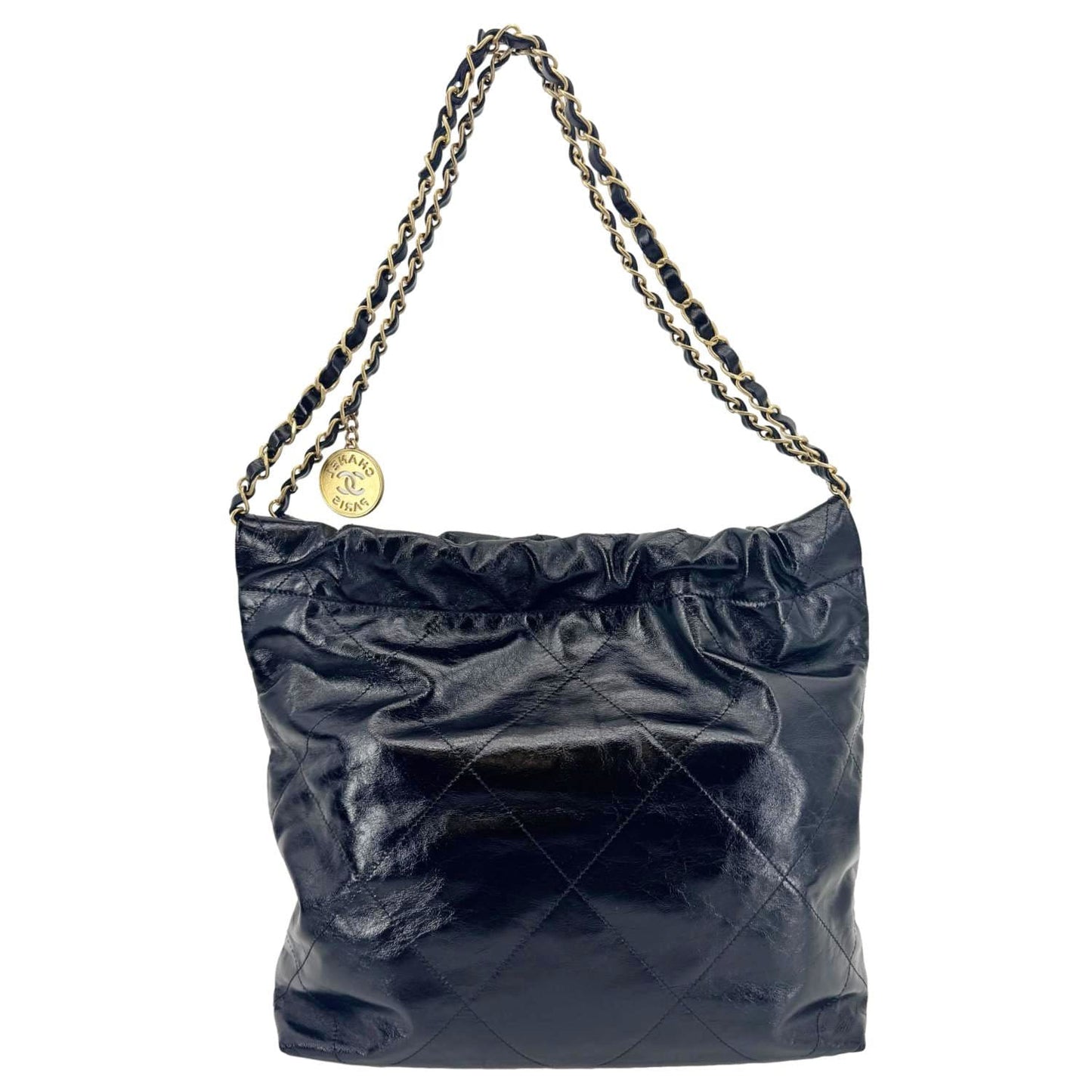 Chanel 22 Quilted Shiny Leather Calfskin Black Travel Bag