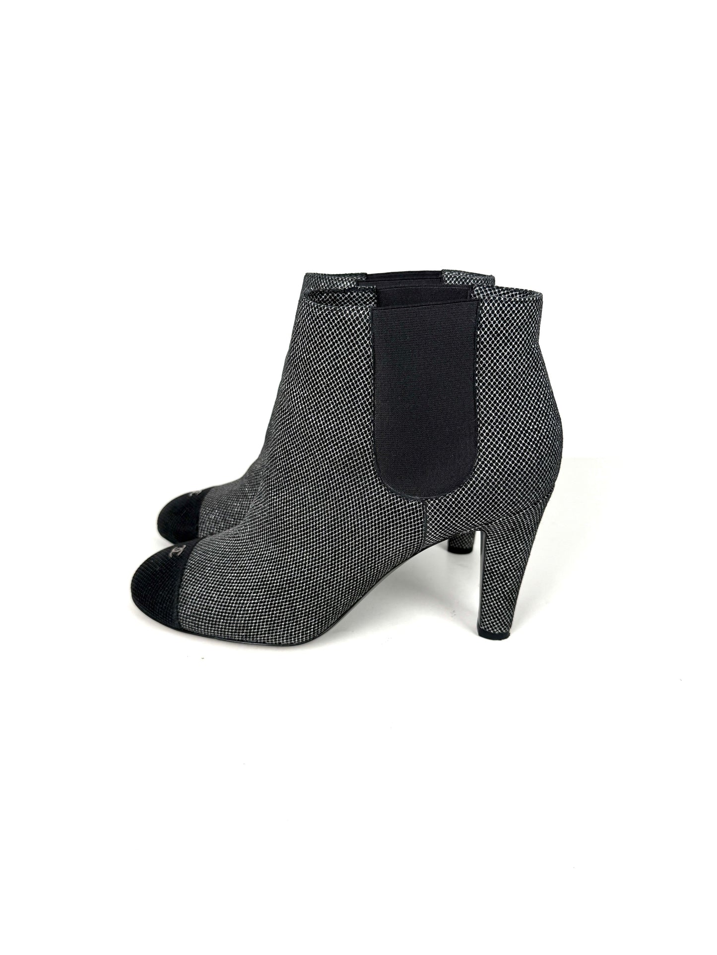 Chanel Black Silver Tweed CC Logo Ankle Booties Boots 40 9.5 for Women