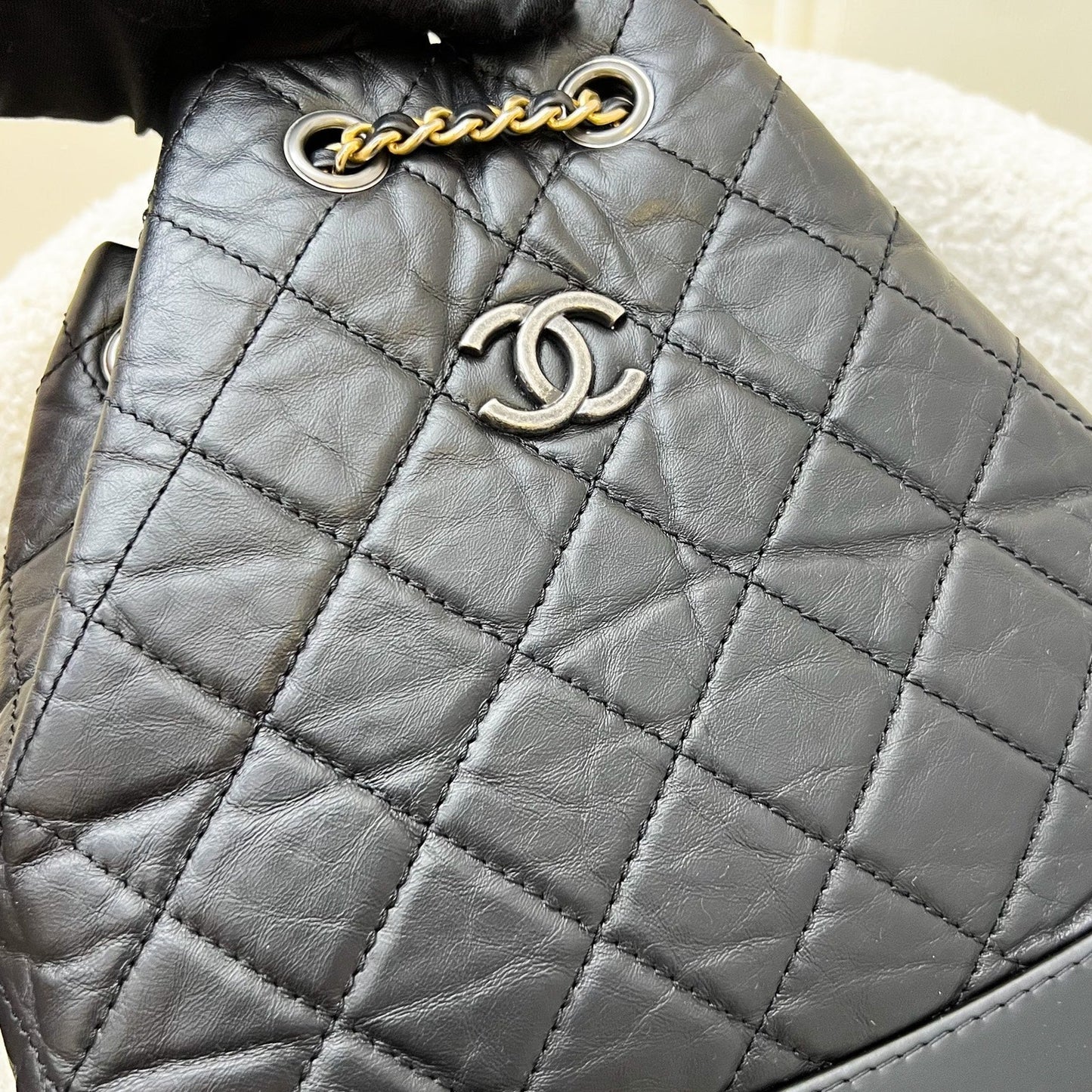 Chanel Small Gabrielle Backpack in Black Distressed Calfskin and 3-Tone HW