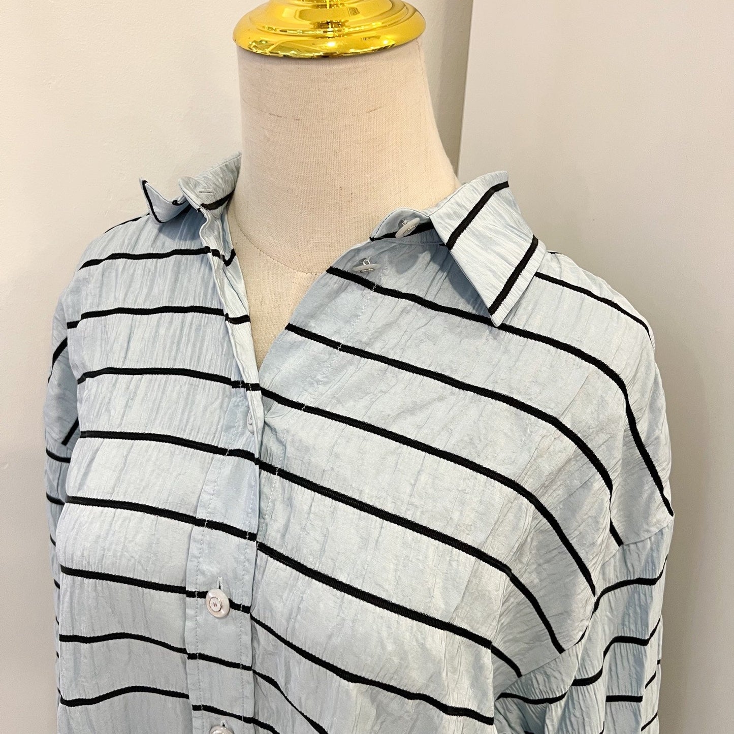 Chanel 25S Long Sleeved Shirt in Blue with Black Stripes 100% Silk (Model: P79458)