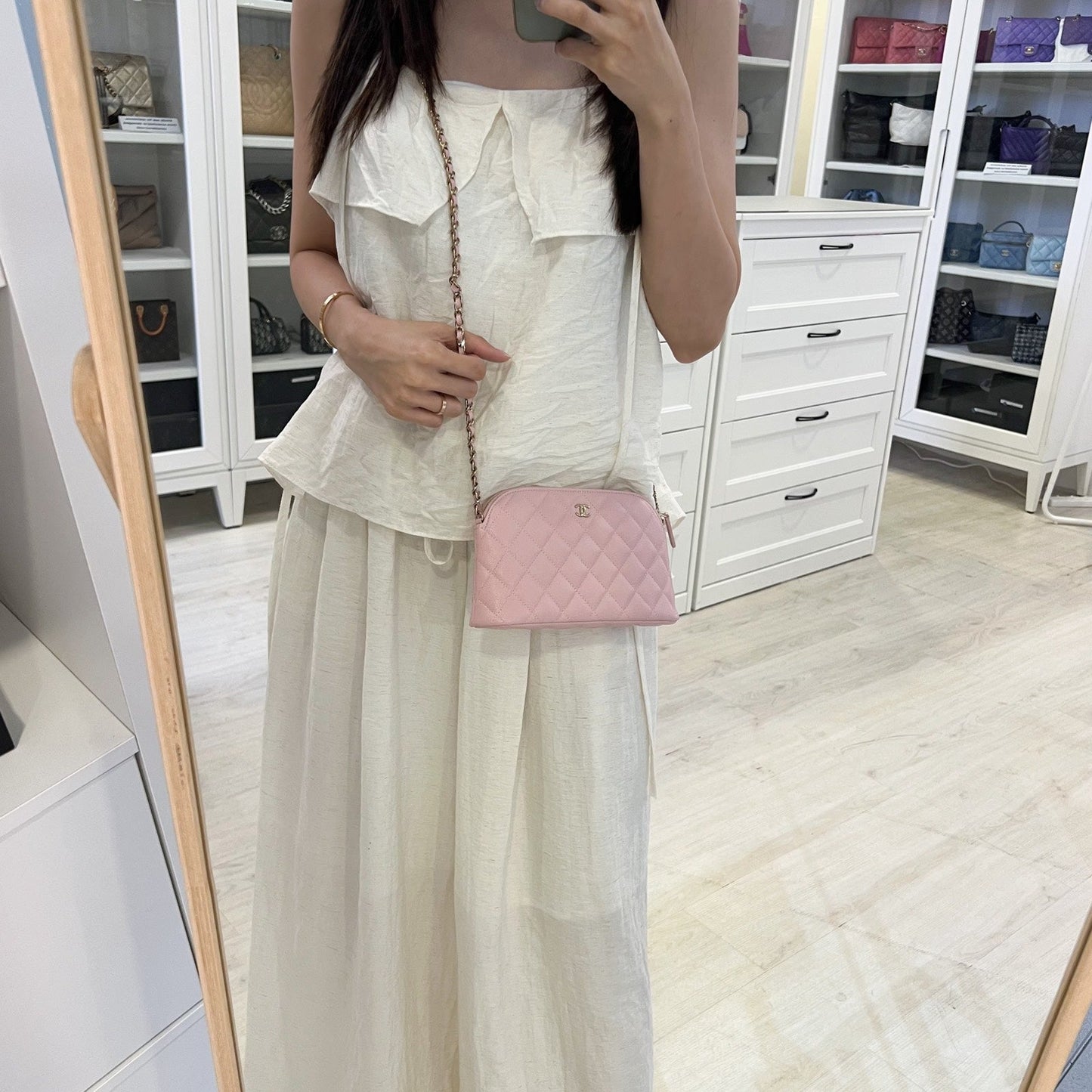 Chanel 24K Medium Pouch / Clutch with Chain in Sakura Pink Caviar and Lghw ( )