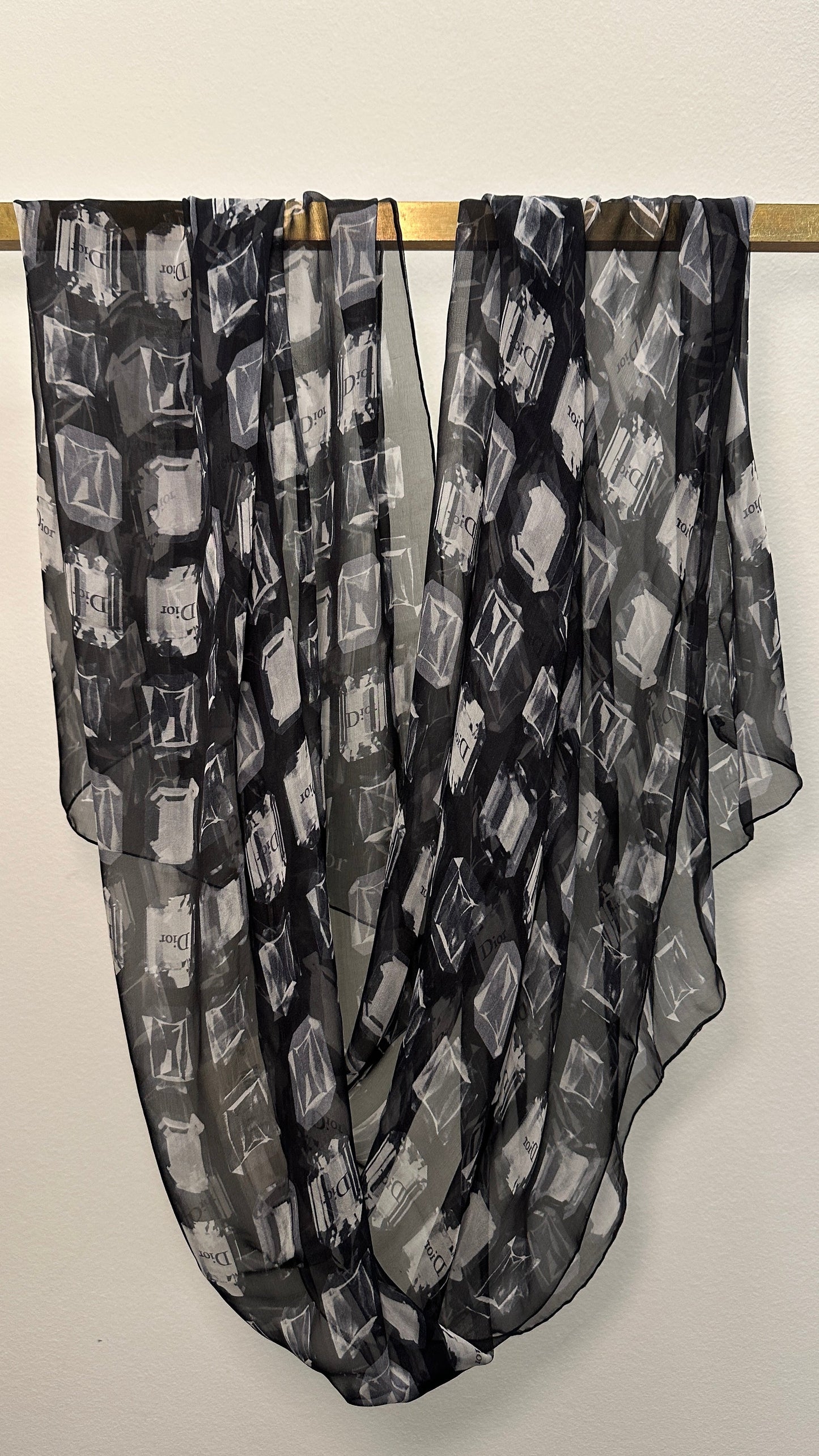 Dior Diamond Scarf Grey Organza Silk Black Gray Logo