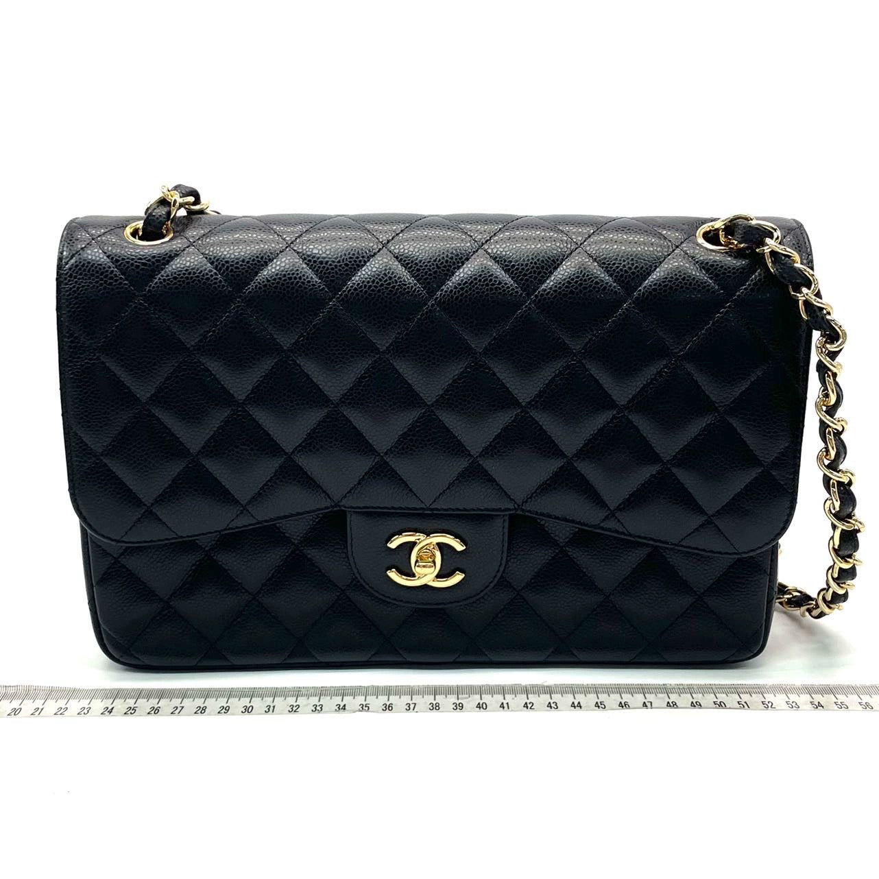 Chanel Classic Flap Jumbo Caviar Double Flap Black Gold Leather Handbag