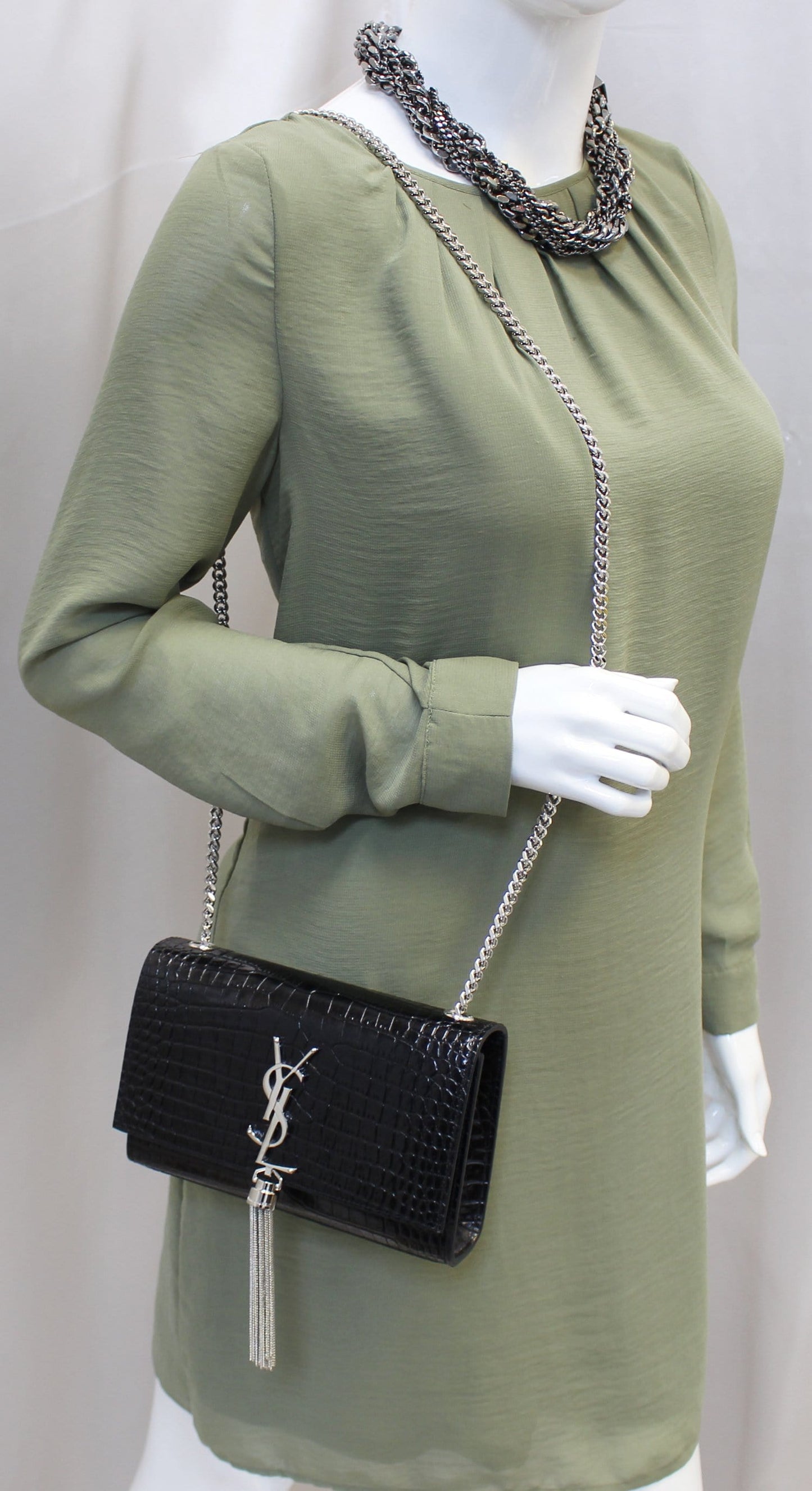 YSL Saint Laurent Saint Crocodile Chain Clutch Crossbody Bag Leather Black