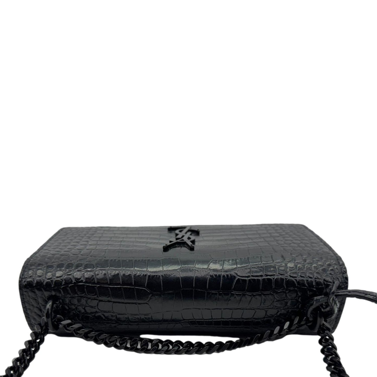 YSL Saint Laurent Yves Sunset Crocodile Shoulder Bag Leather Monogram Black