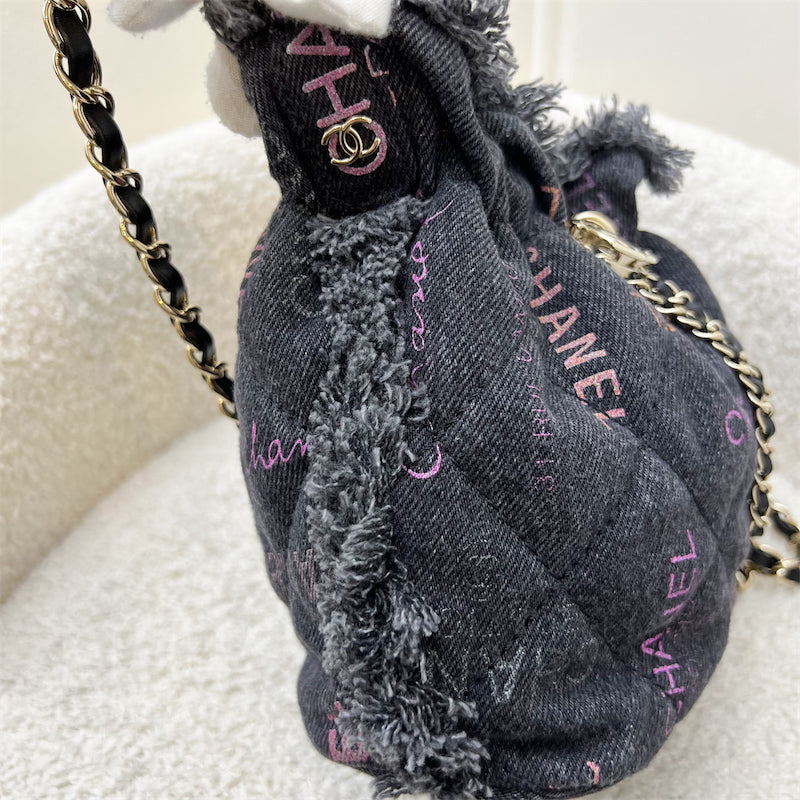 Chanel 22P Denim Mood Mini Drawstring Bucket Bag in Black Printed Denim and Lghw