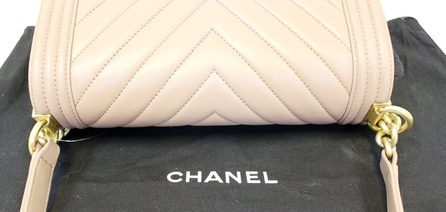 Chanel Chevron Quilted Dark Boy Flap Calfskin Beige Travel Bag
