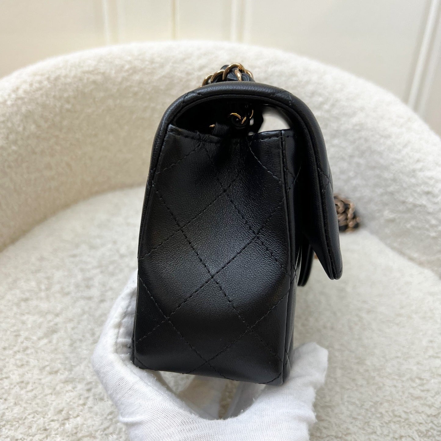 Chanel Mini Rectangle Classic Flap in Black Lambskin and Rose Gold Hw Handbag