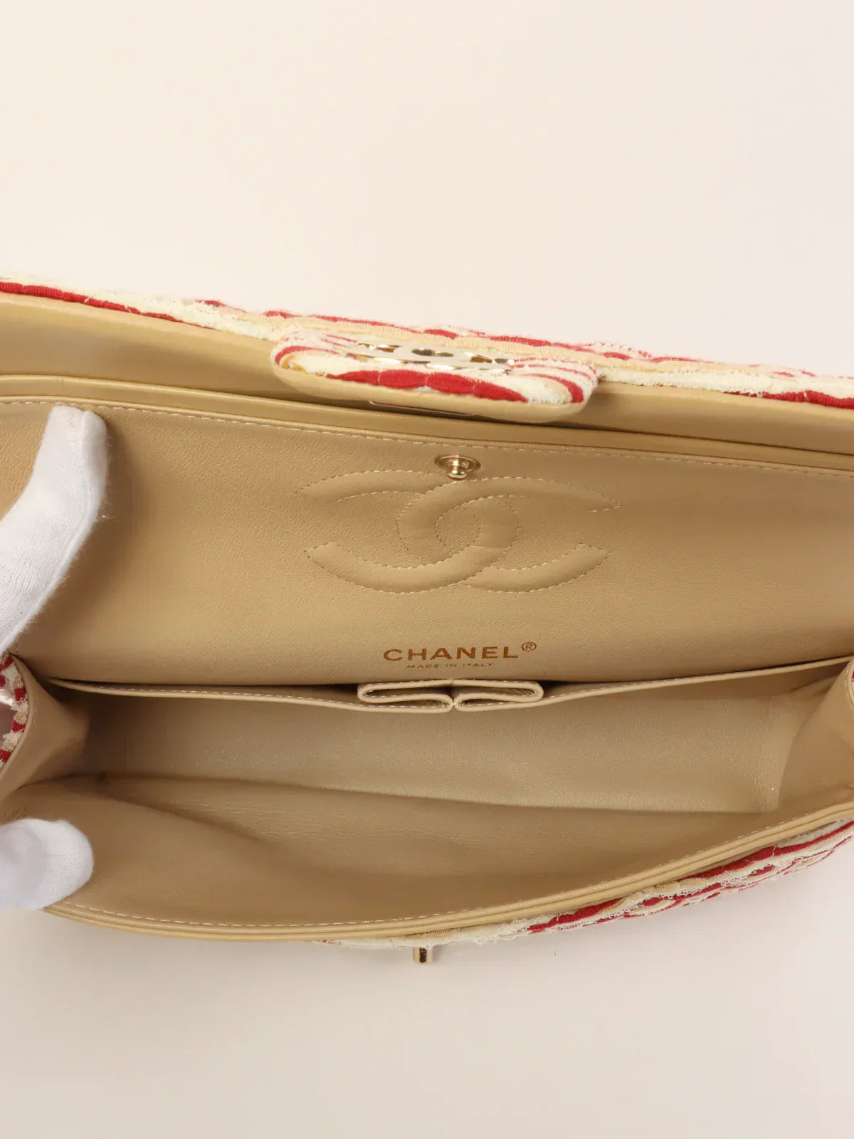 Chanel Around Made Cotton Striped Classic New Chain Bag Beige/Red/White