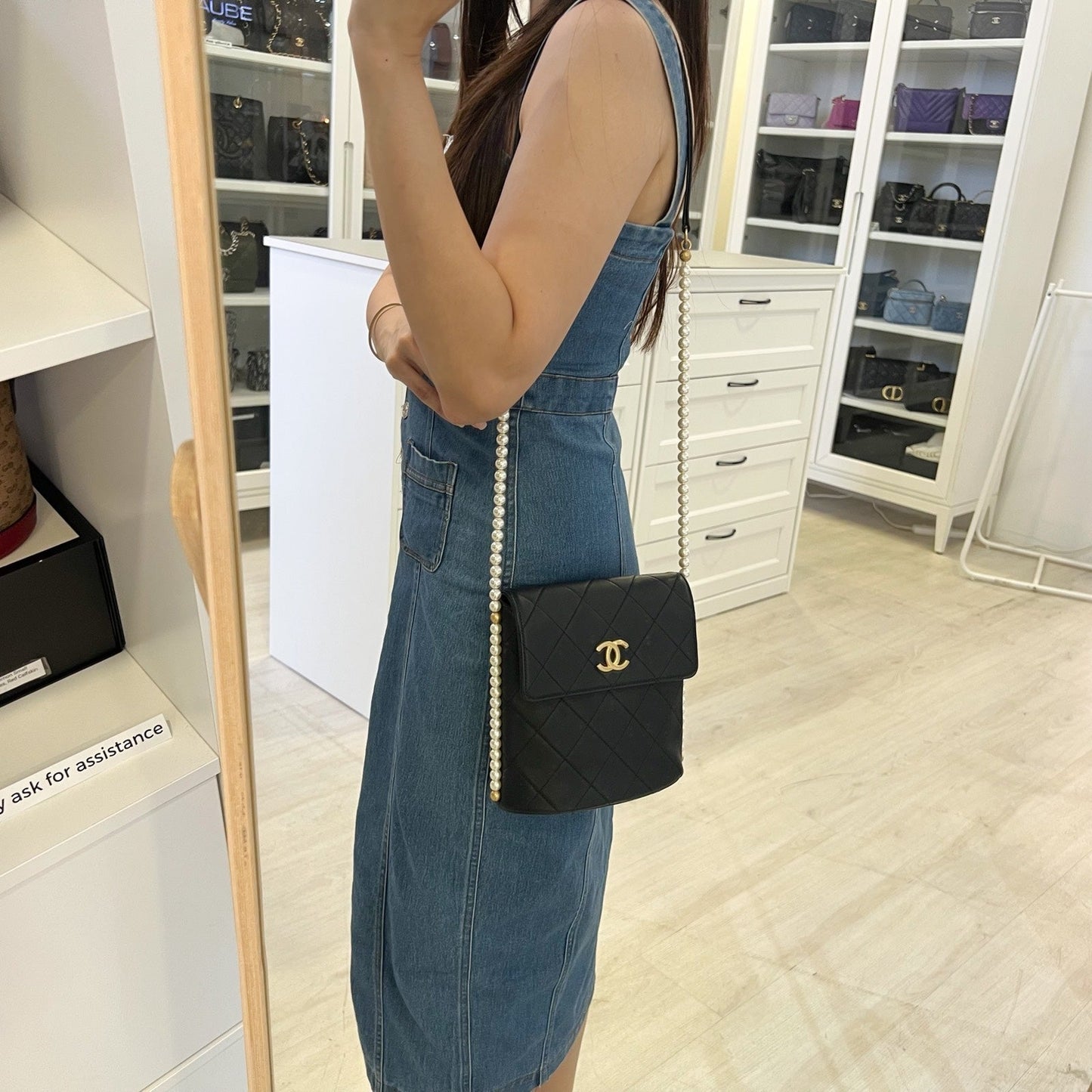Chanel Pearl Chain North South Flap Bag in Black Calfskin and Aghw ( )