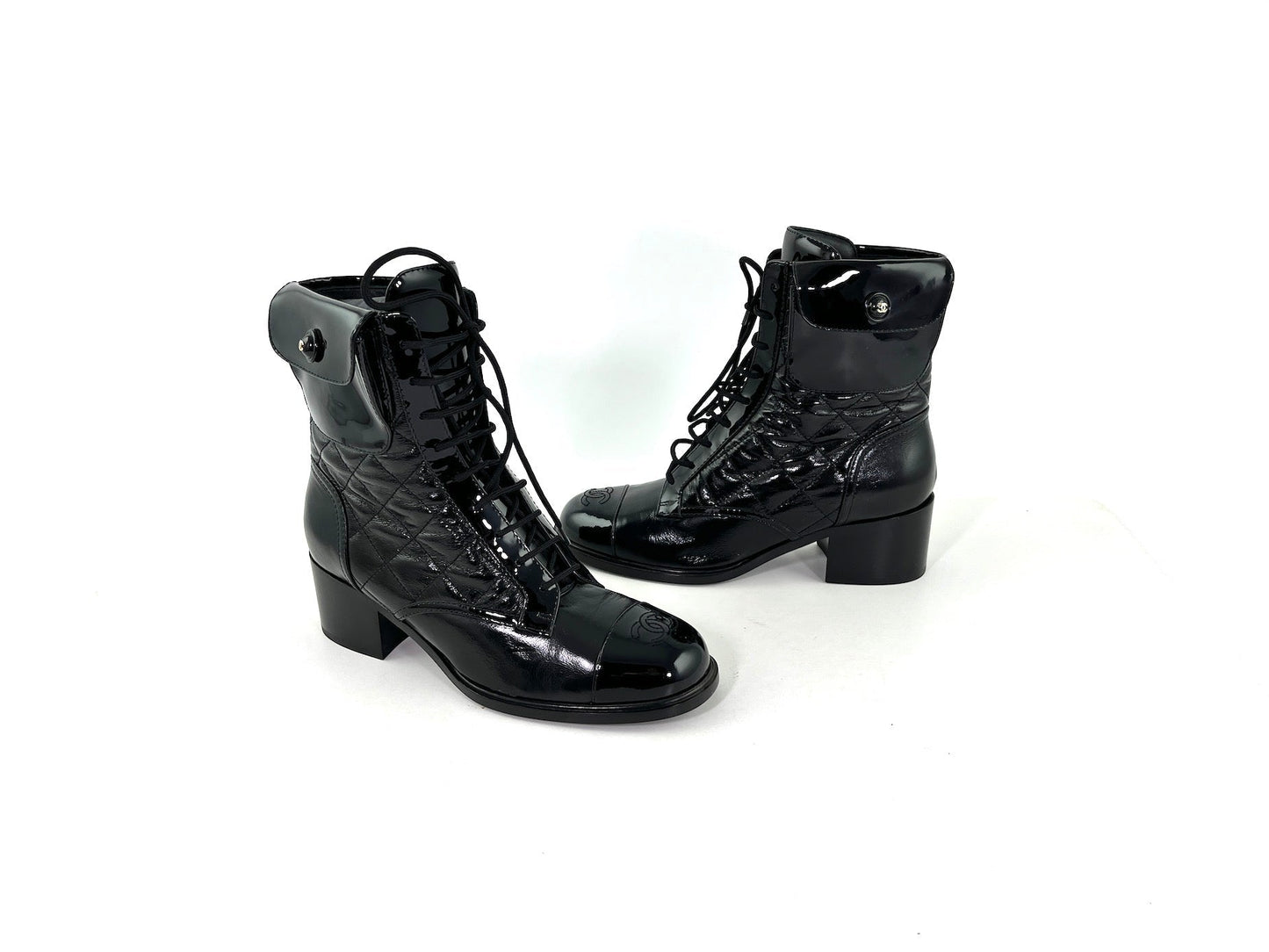 Chanel New Black Quilted Leather CC Logo Combat Boots 40 9.5 for Women