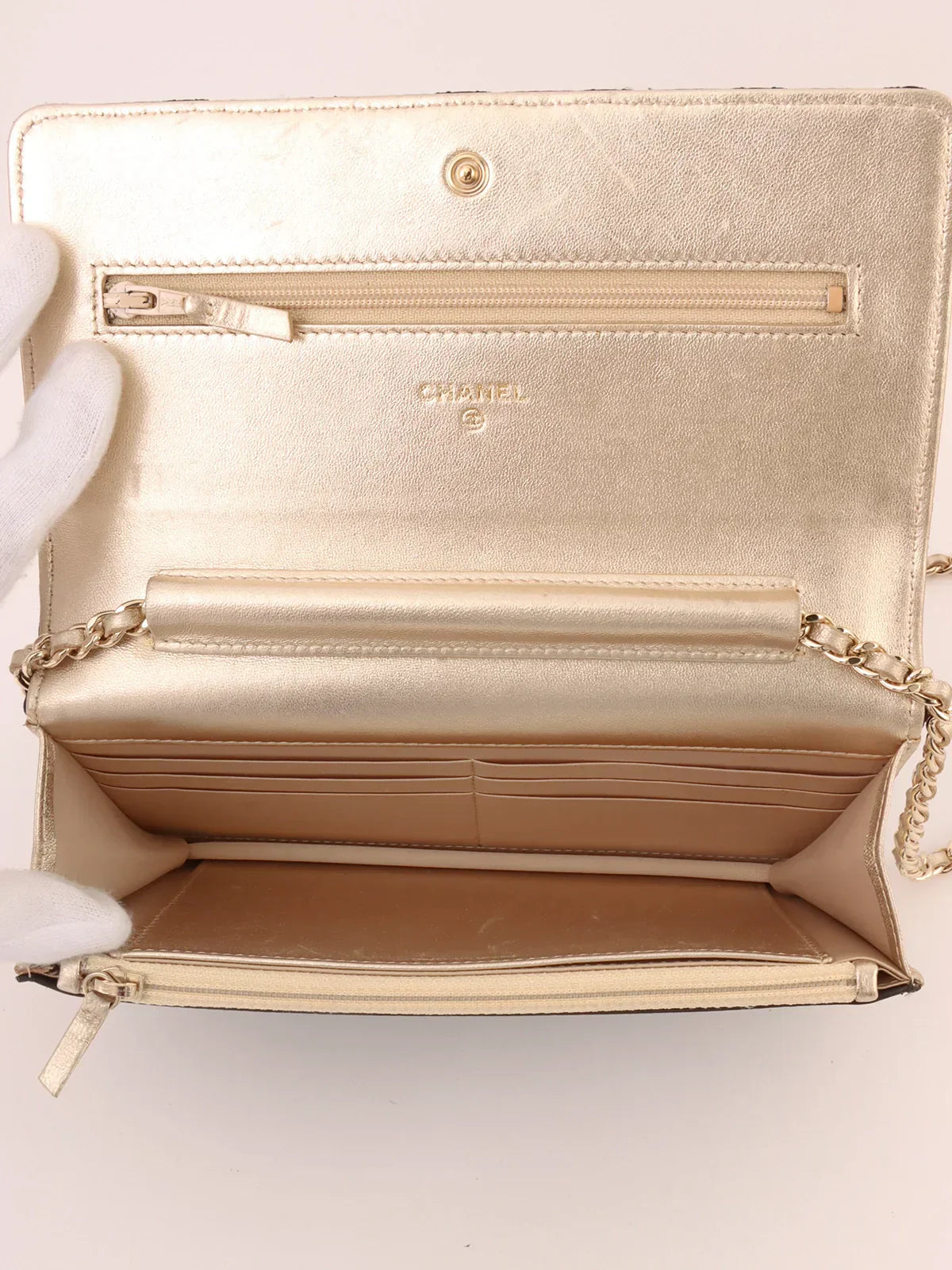 Chanel Around Made Silk Satin Mini Cc Mark Plate Wallet On Chain Black/Champagne Gold