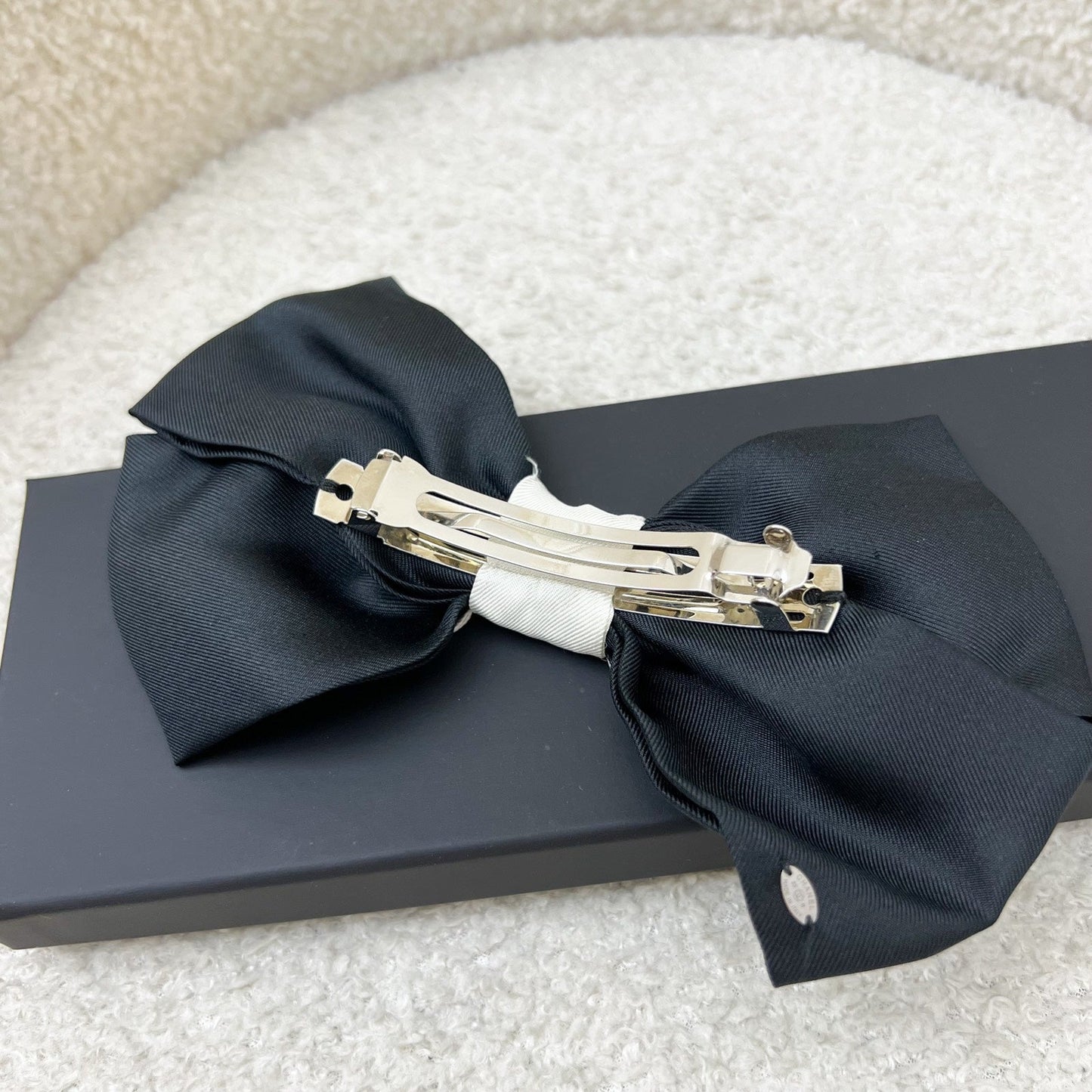 Chanel 23B Bow Barrette Hair Clip in Black and Off White Fabric Handbag