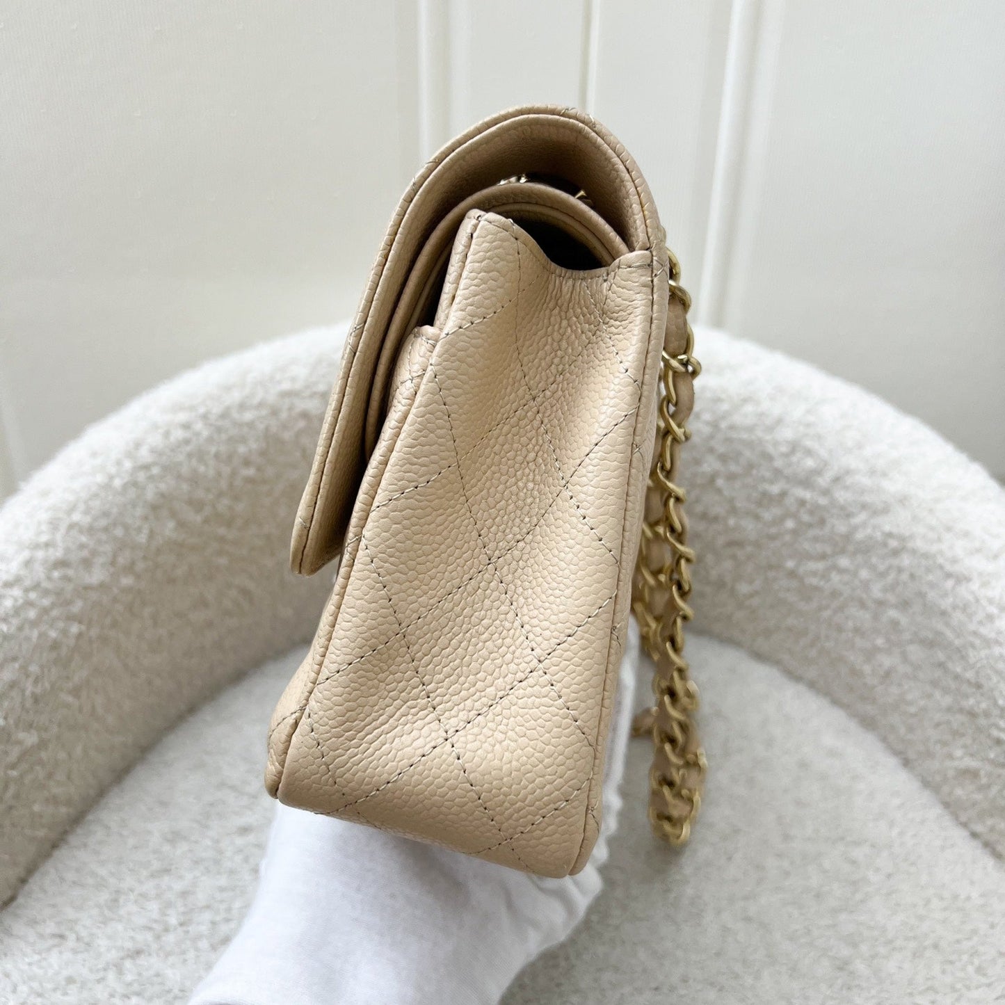 Chanel Medium Classic Flap Cf In Beige Caviar And 24K Plated Ghw