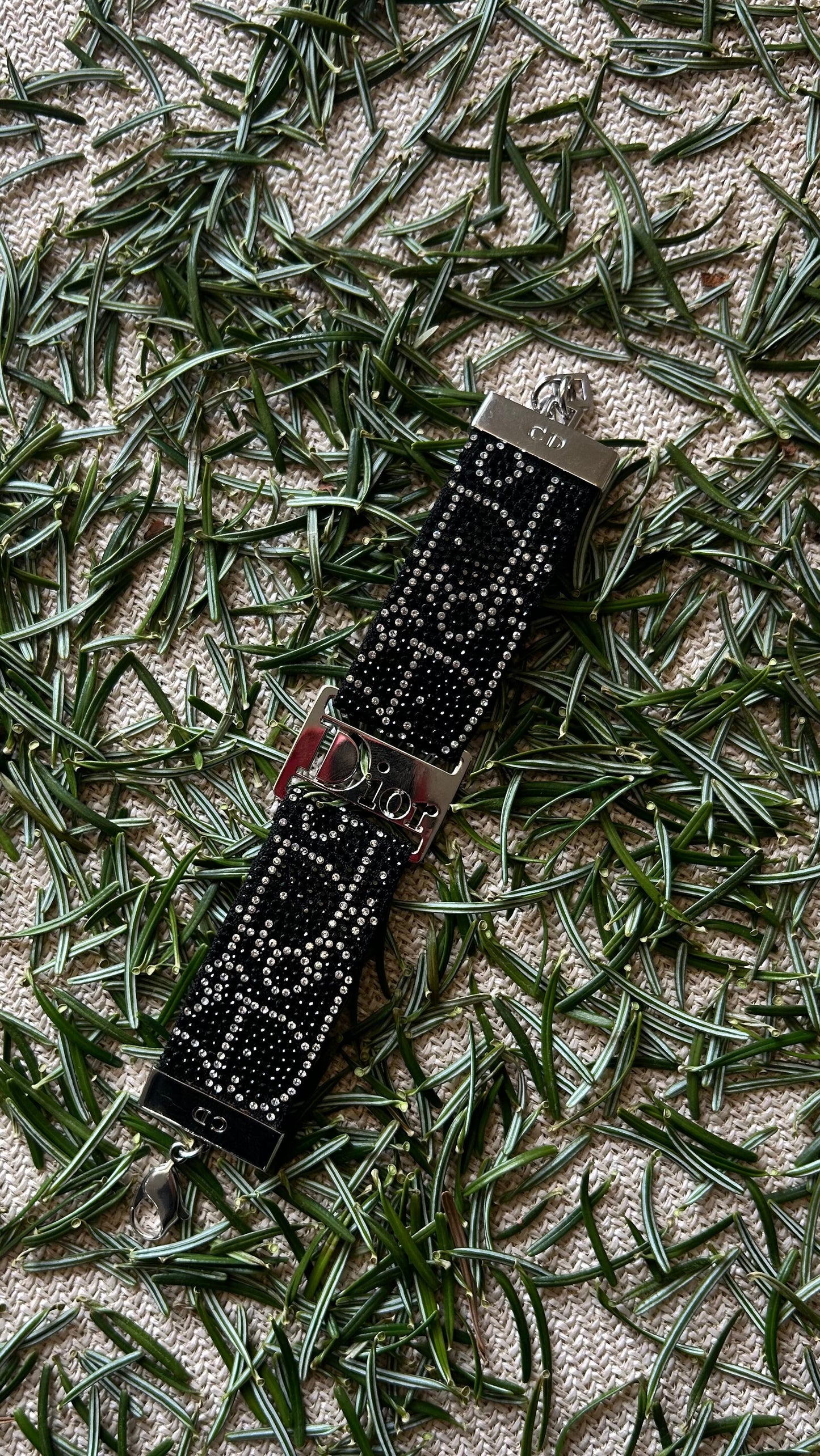 Dior Oblique Strass Bracelet Leather Black Silver Jewelry