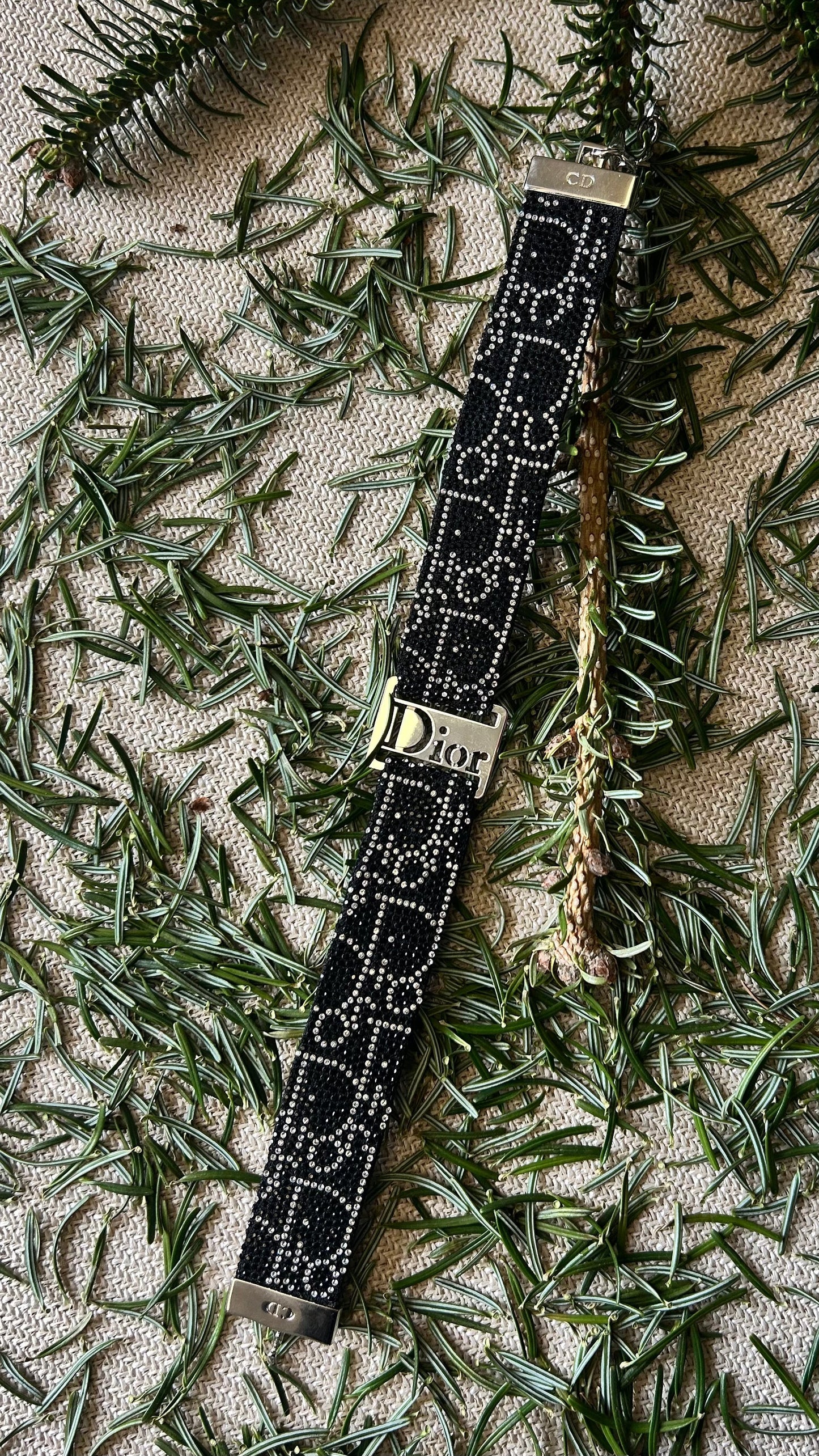 Dior Oblique Strass Choker Leather Black Silver Jewelry