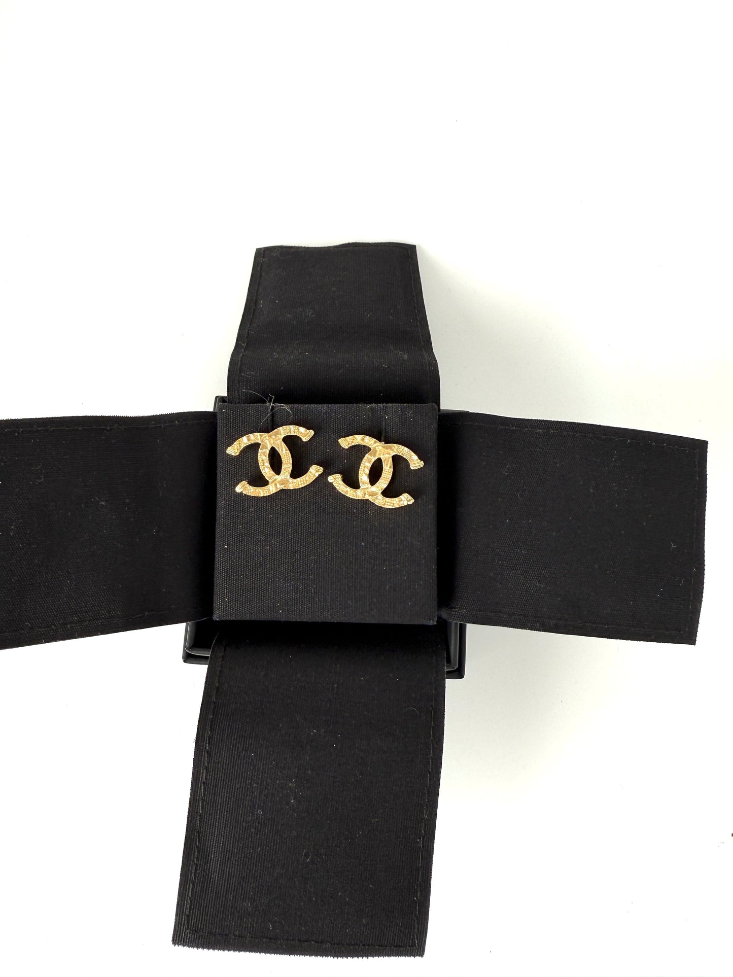 Chanel Gold Tone Cc Logo Stud Hammered Earrings