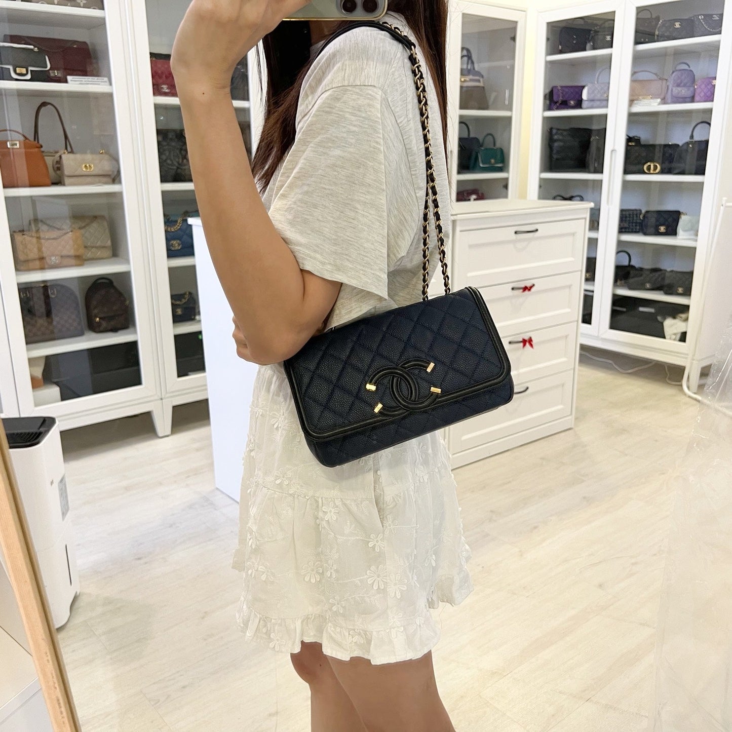 Chanel Filigree Small Flap In Navy Caviar With Black Trim And Aghw ( ) Bag