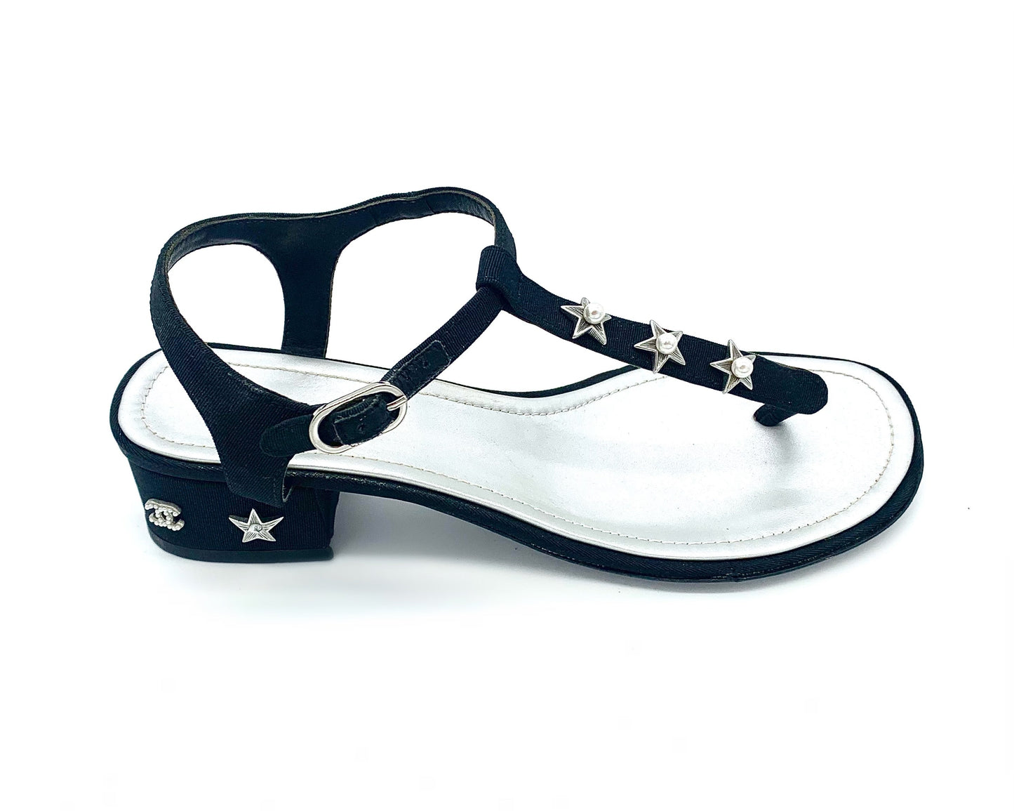 Chanel T Strap Pearl Embellished Block Heel Sandals for Women