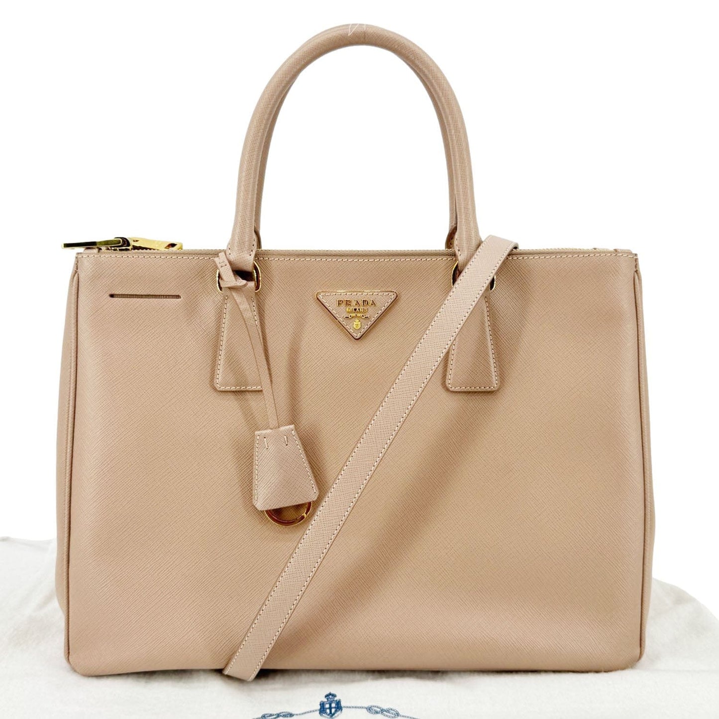 Galleria Double Zip Saffiano Top Handle Tote Leather Beige Tote Bag