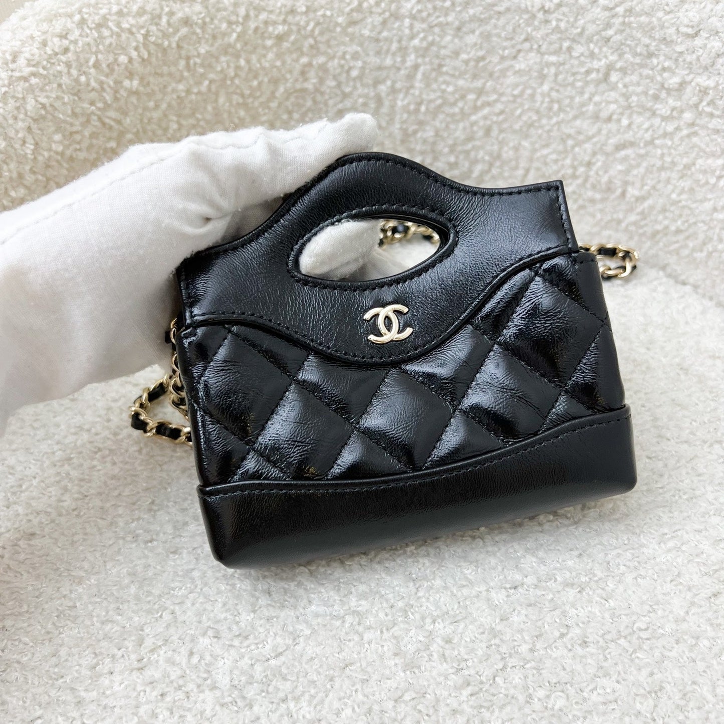Chanel 31 Micro Shopping Bag in Black Shiny Calfskin and Lghw