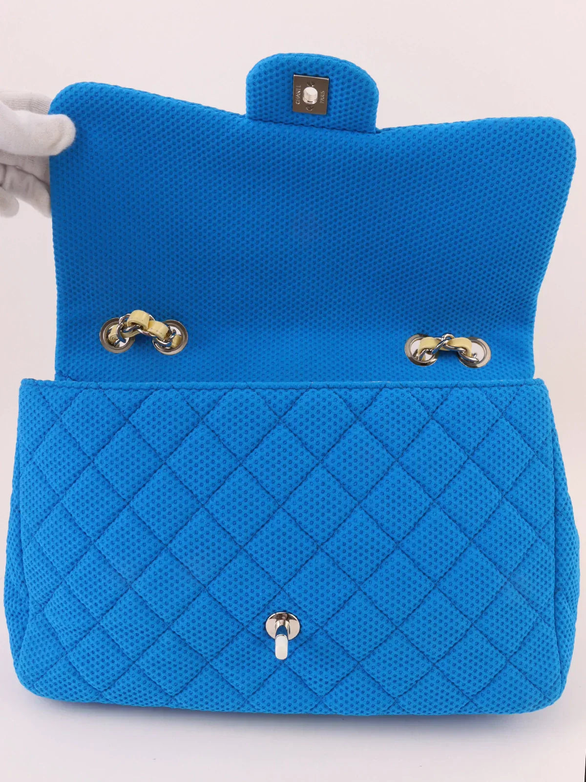 Chanel Around Made Cotton Patent Combination Turn-Lock Chain Shoulder Bag Blue/Cream