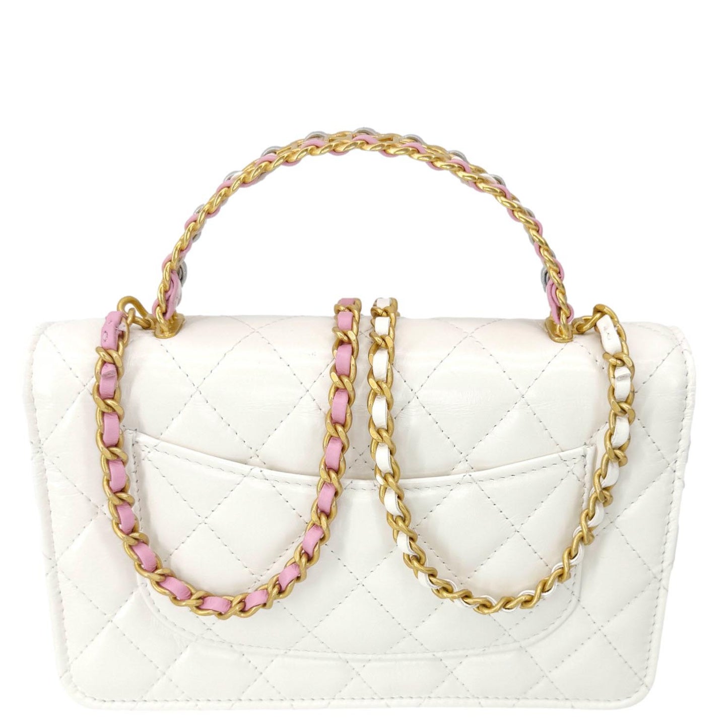 Chanel Top Handle Quilted On Leather White Multicolor Wallet Case