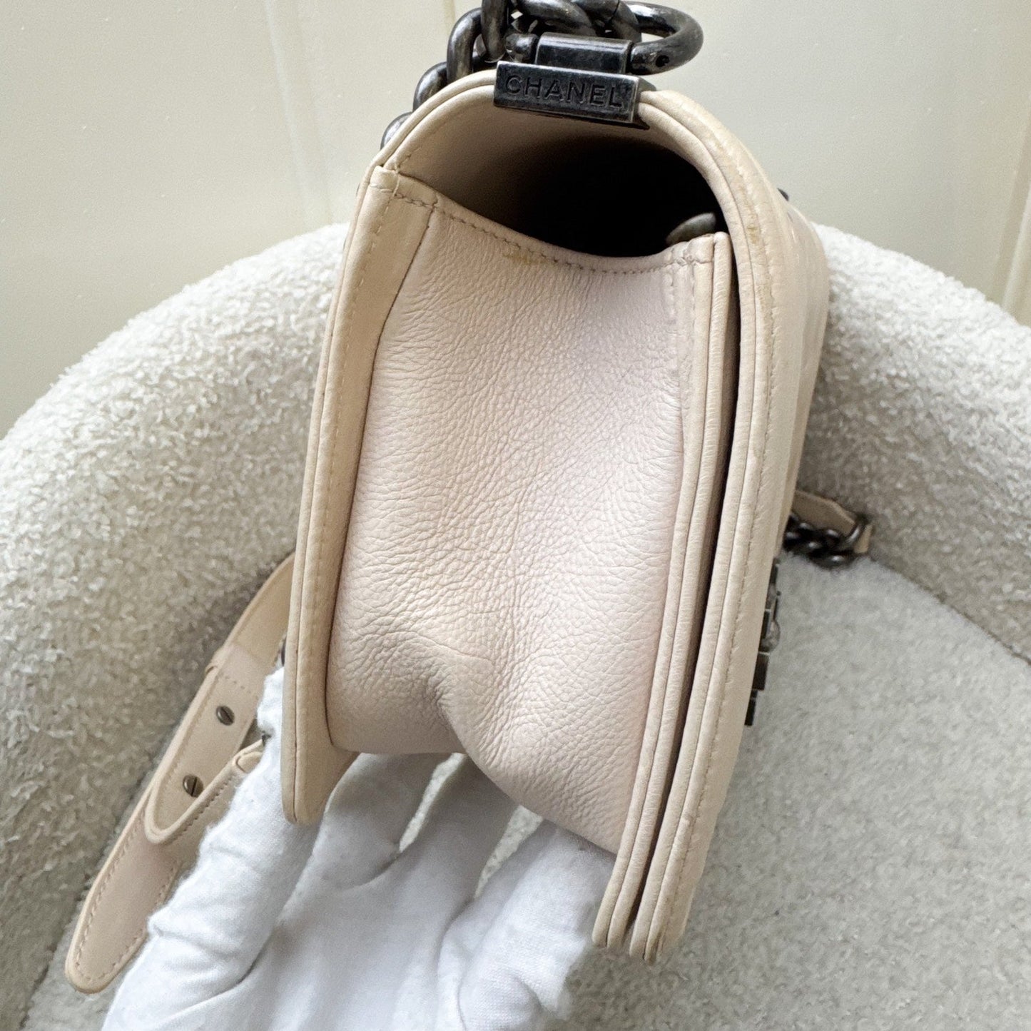Chanel Medium 25CM Boy Flap in Nude Pink Calfskin and Rhw Handbag