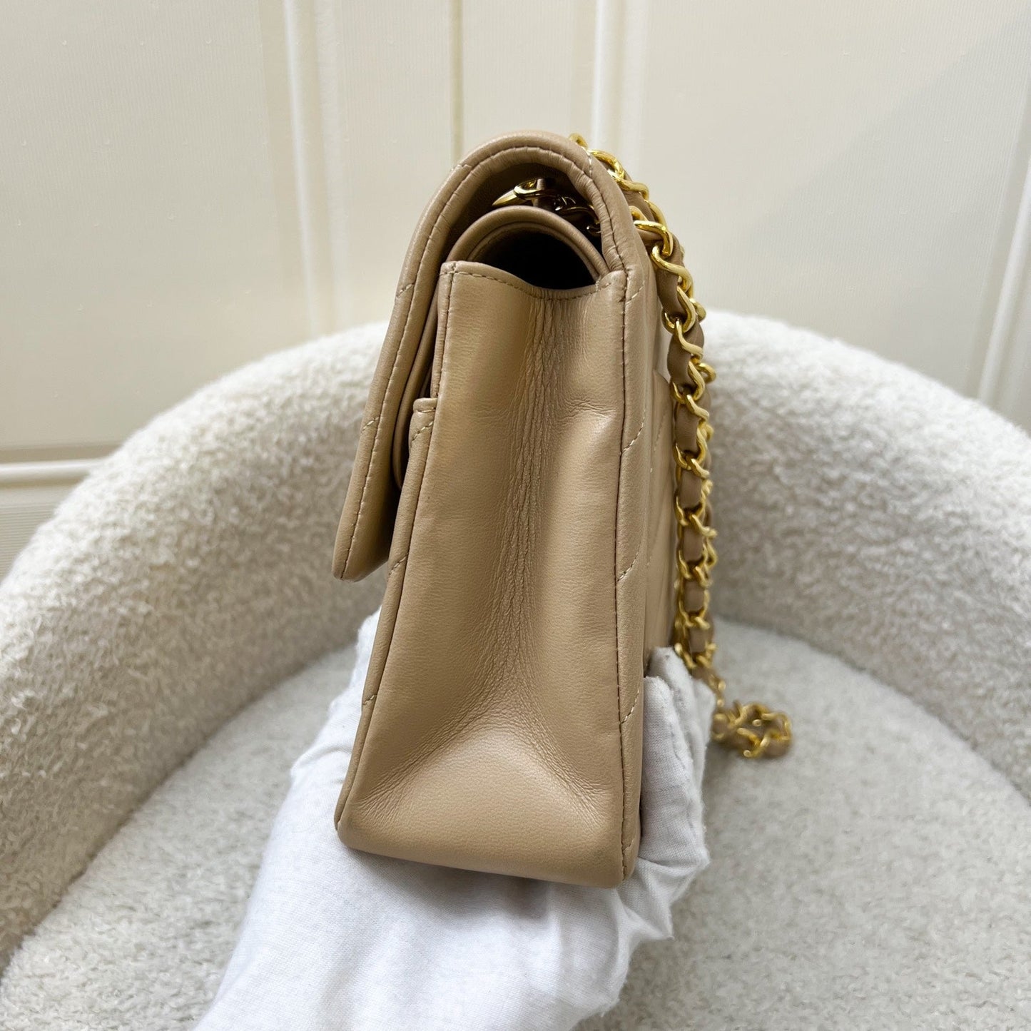 Chanel Medium Classic Flap CF in Chevron Quilted Beige Lambskin and 24K Gold Plated HW