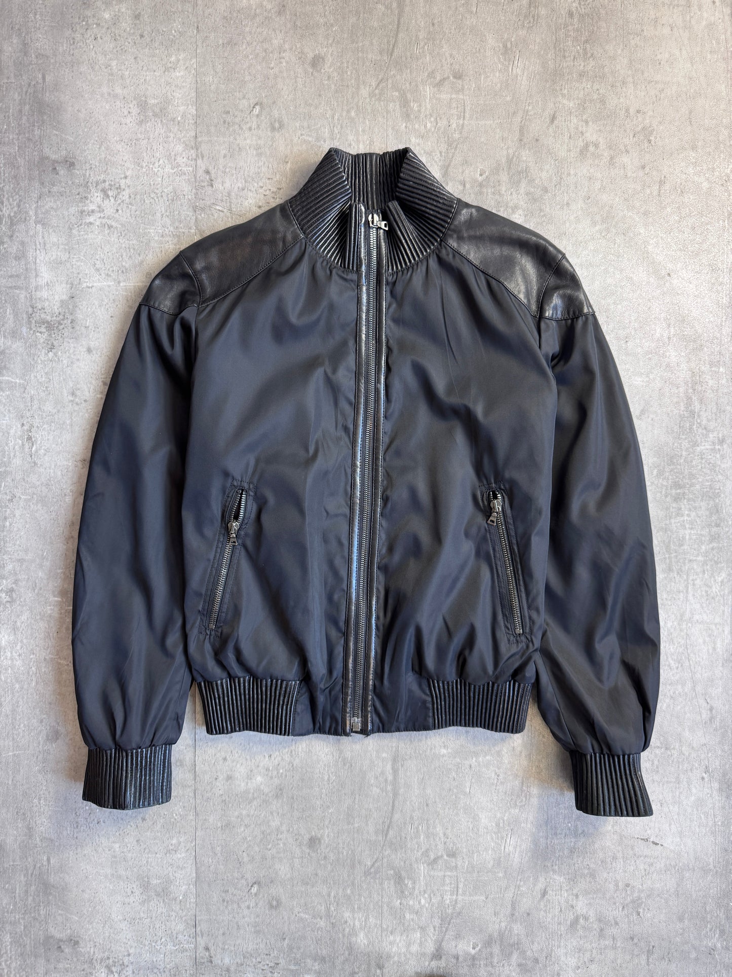 Prada Handbag Ribbed Panelled Bomber Jacket Leather Nylon Black