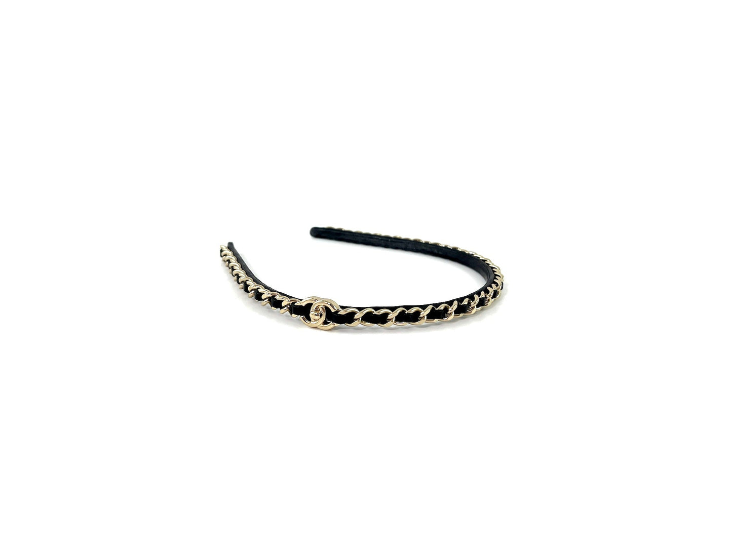CHANEL Hollywood Hills Black Chain Link Leather CC Logo Headband