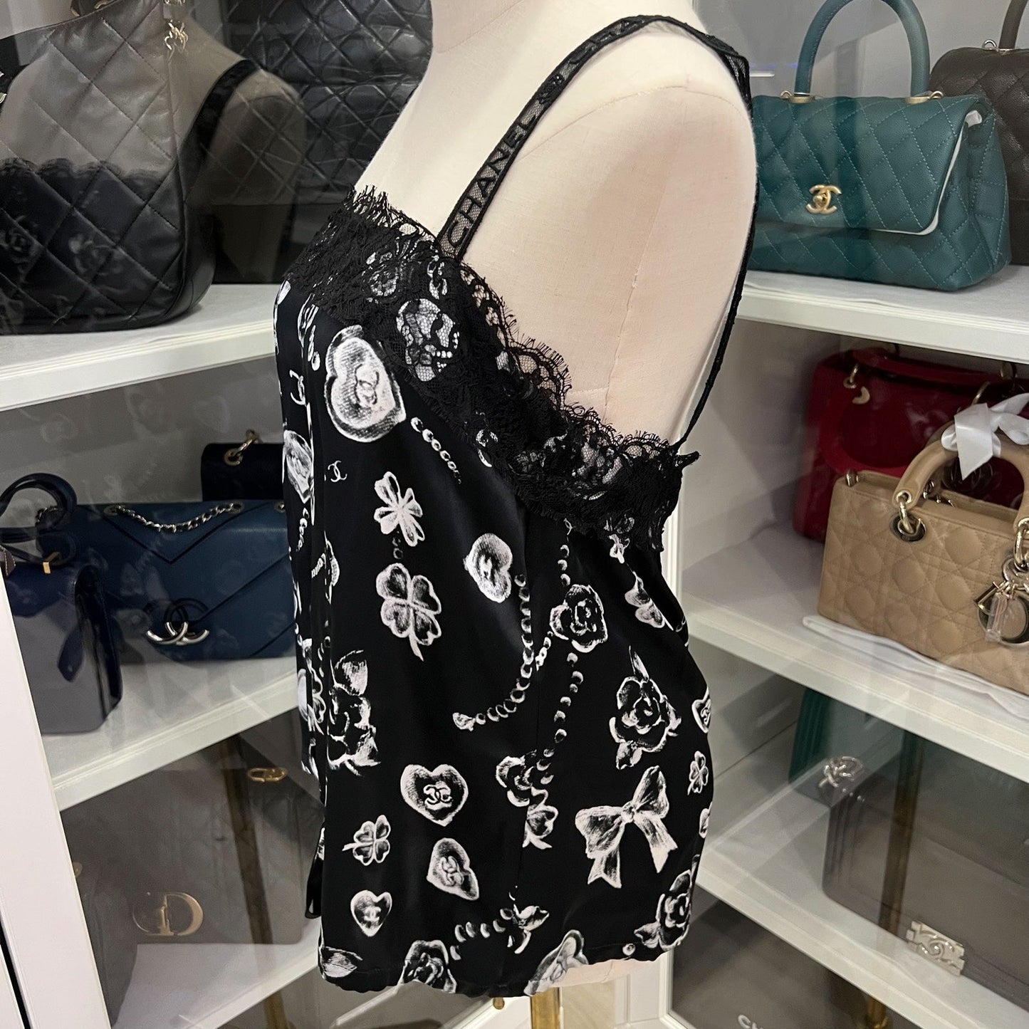 Chanel 25B Camisole Top in Black Silk with White Prints Sz 38 Handbag