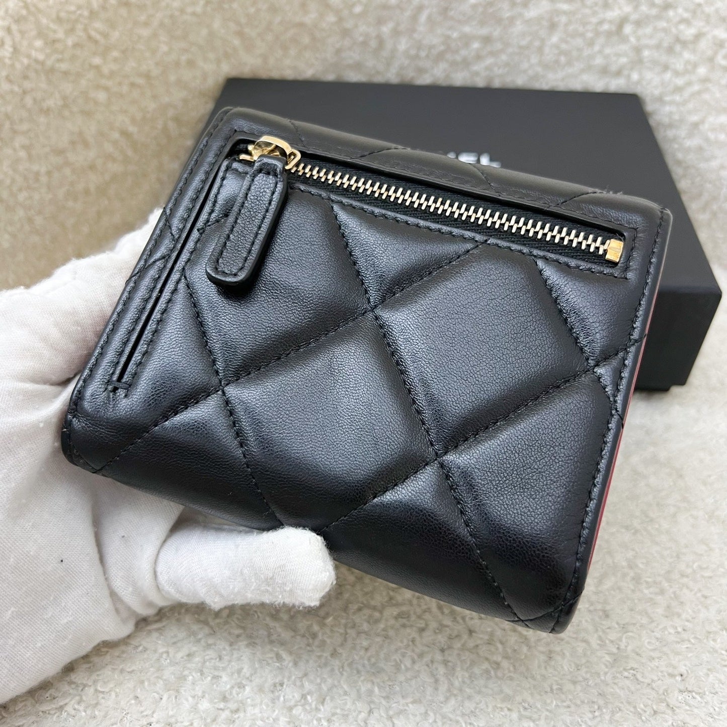 Chanel 19 Compact Trifold Wallet In Black Lambskin And Aghw Bag