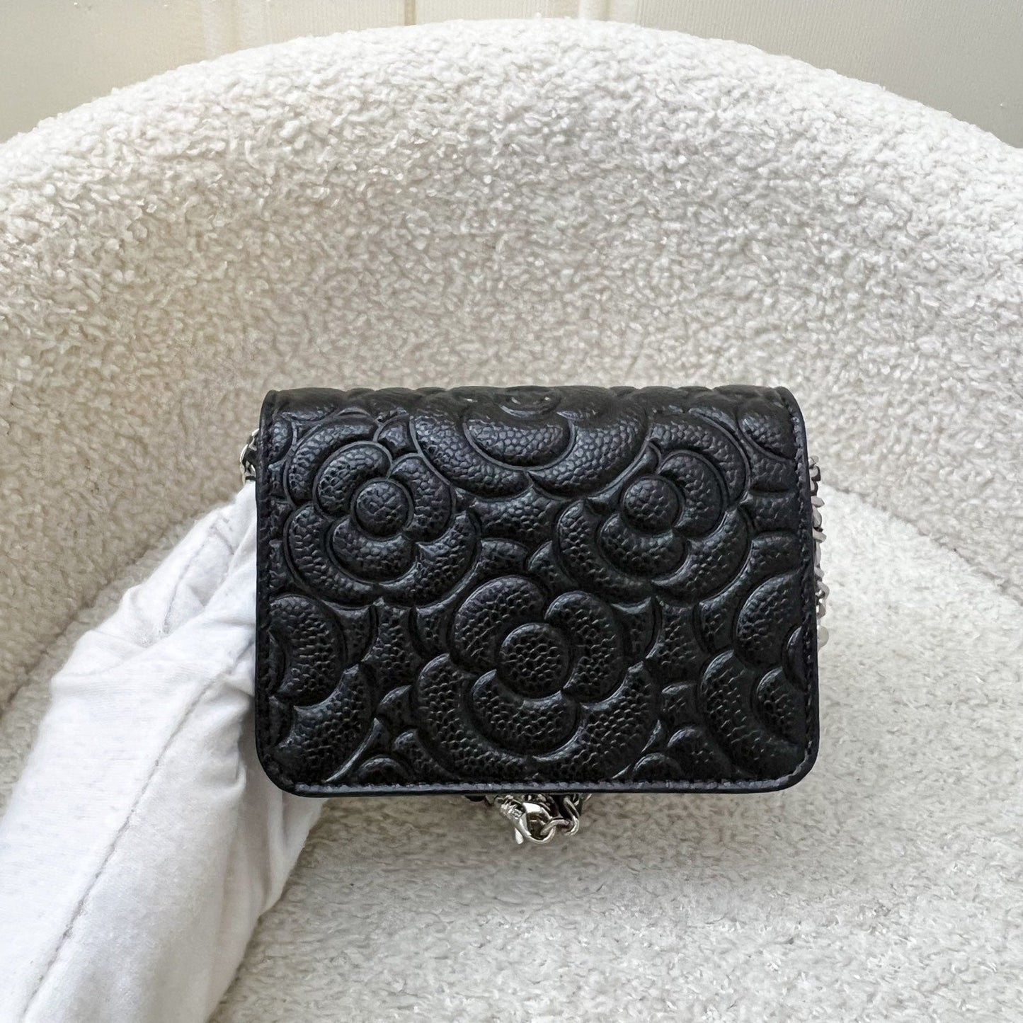 Chanel 20K Camellia Micro Flap Clutch On Chain Belt Bag In Black Caviar And Shw