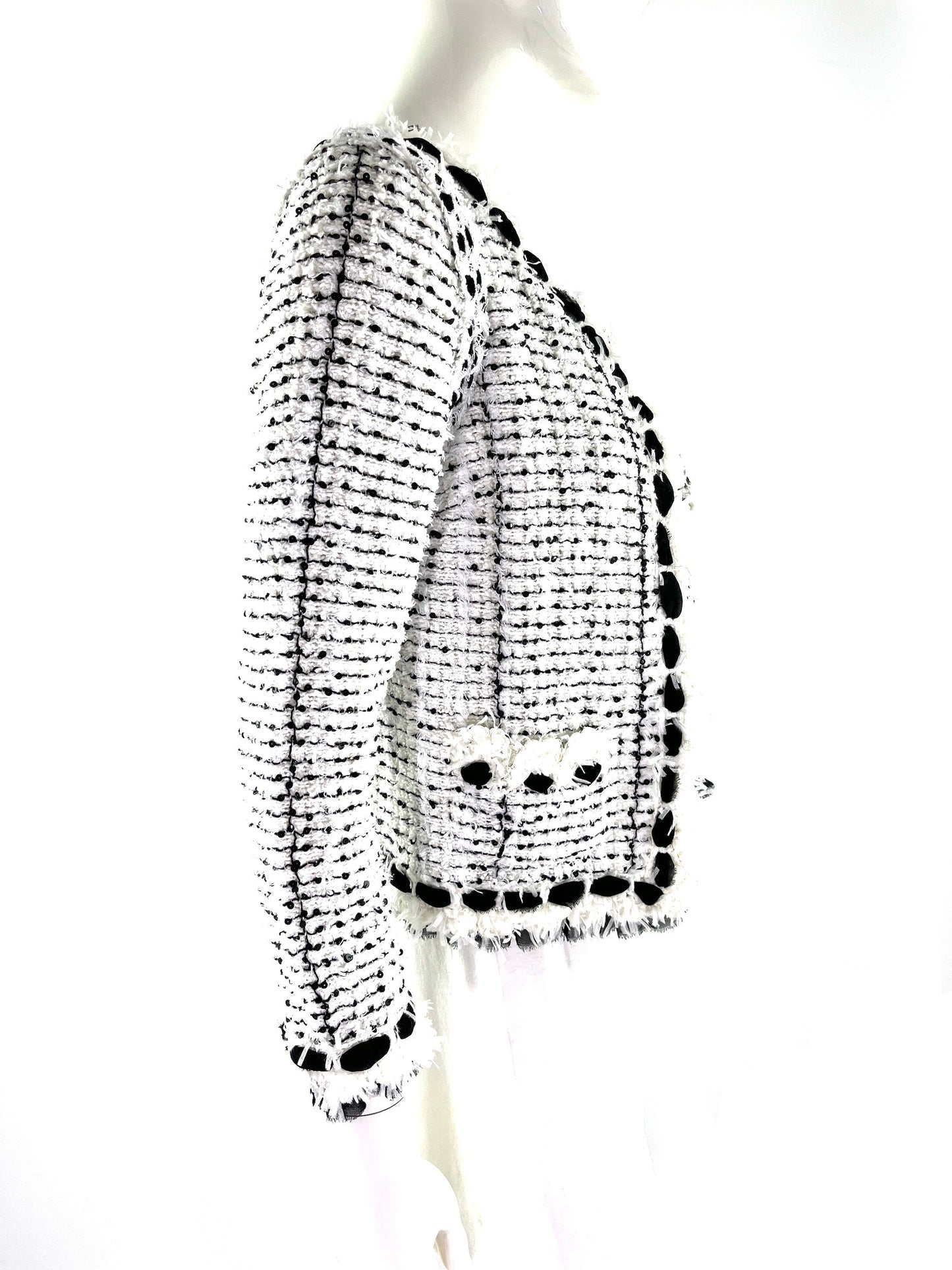 CHANEL Tweed Sequined Collarless Black White 2005 Open Jacket 38 4