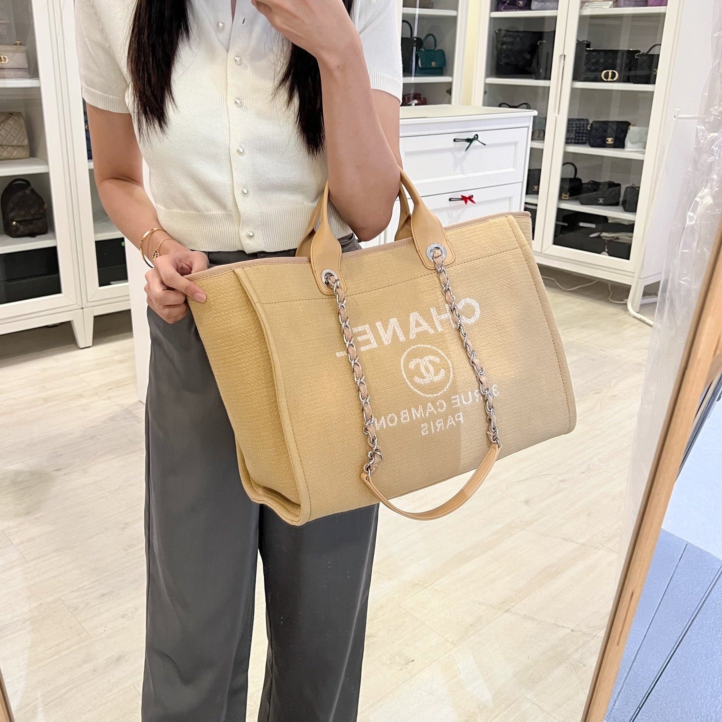 Chanel Large Deauville Tote in 22C Beige Fabric Shw