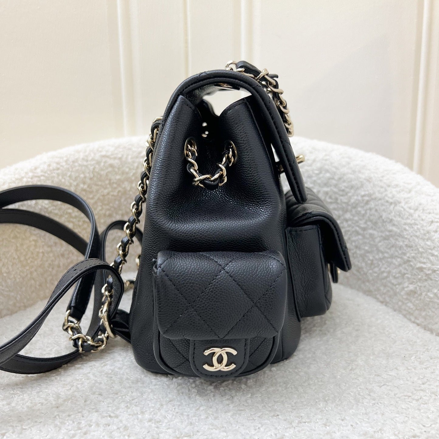 Chanel 23K Triple Pocket Duma Backpack In Black Caviar And Lghw (model: AS4399)