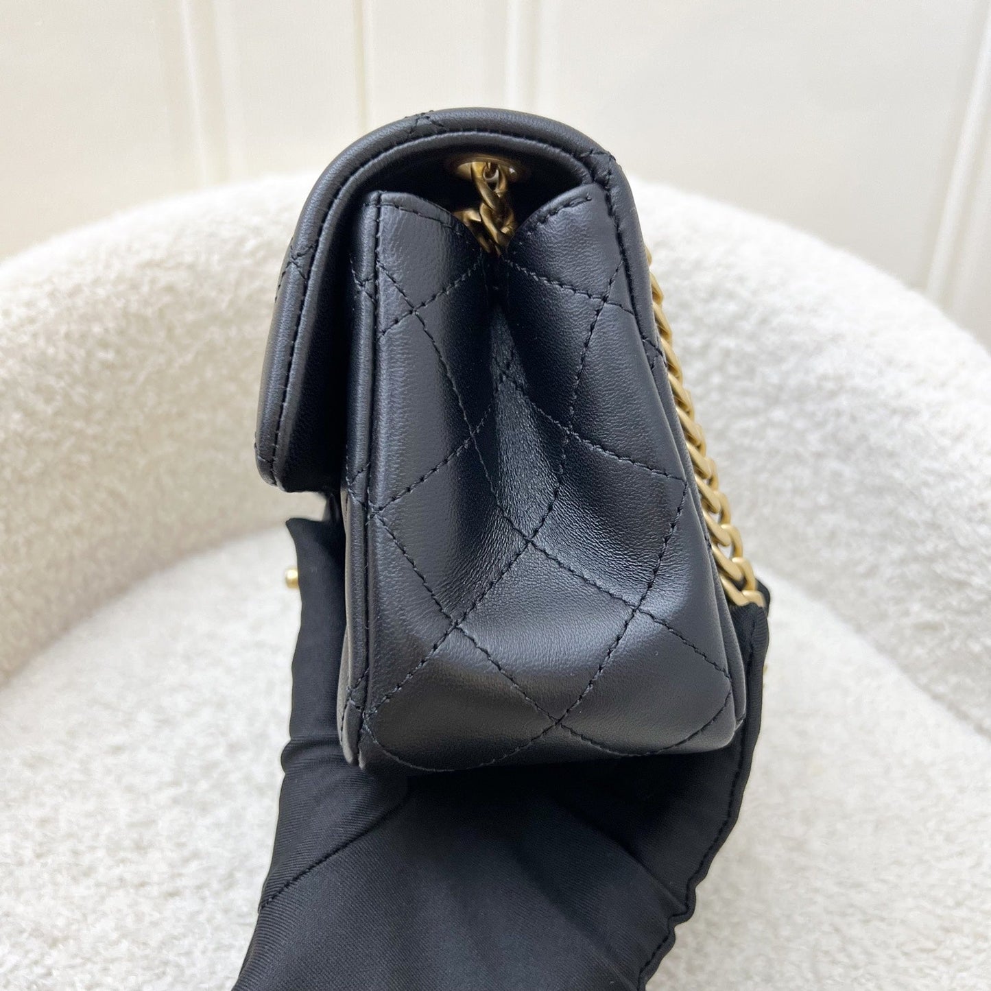 Chanel Mini Rectangular Flap Bag with Camellia Flower Adjustable Chain in Black Stiff Lambskin and AGHW (Model: AS4041)