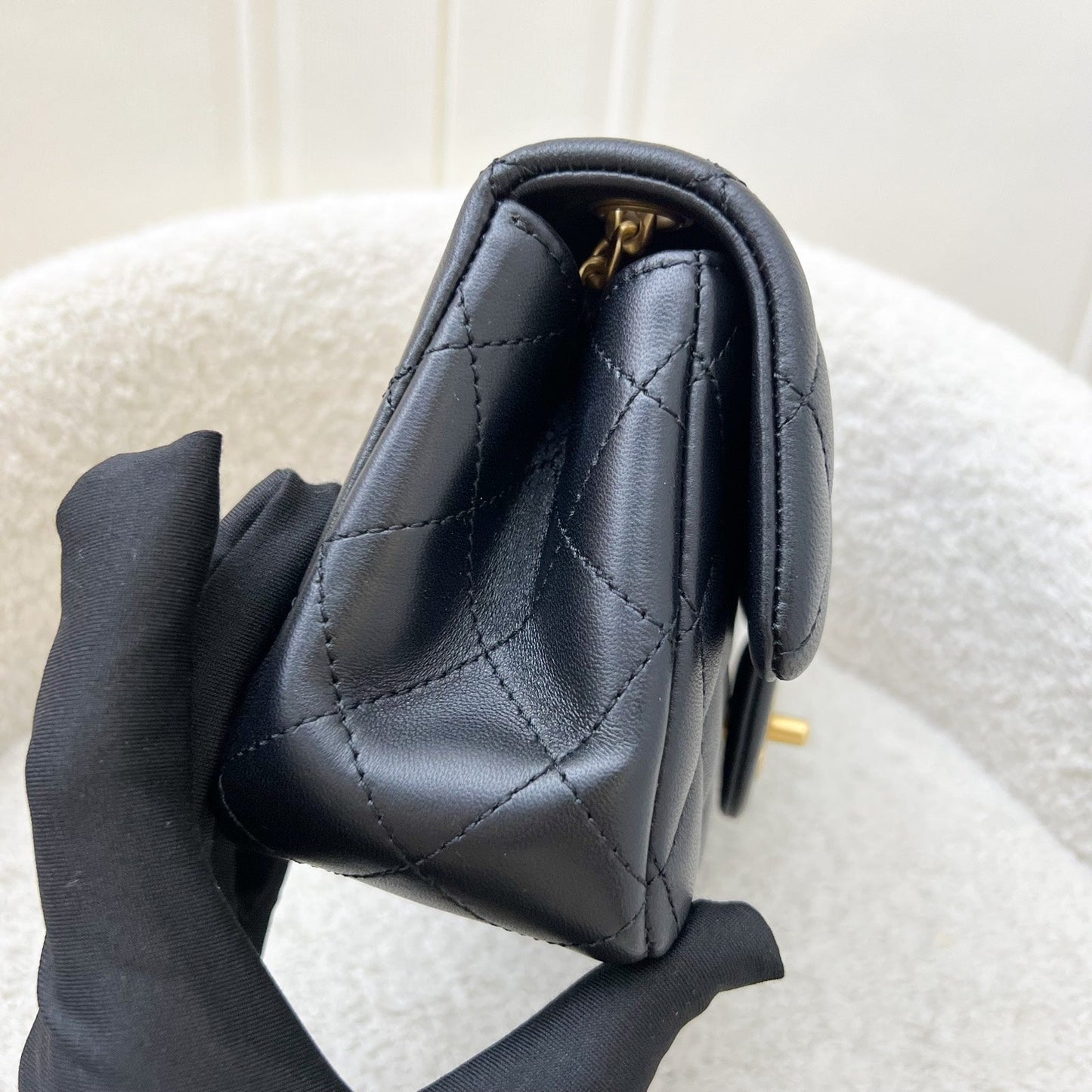 Chanel Mini Rectangular Flap Bag With Camellia Flower Adjustable Chain In Black Stiff Lambskin And Aghw ( )