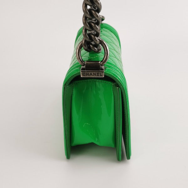 Chanel Le Boy Patent Green Small Leather Handbag