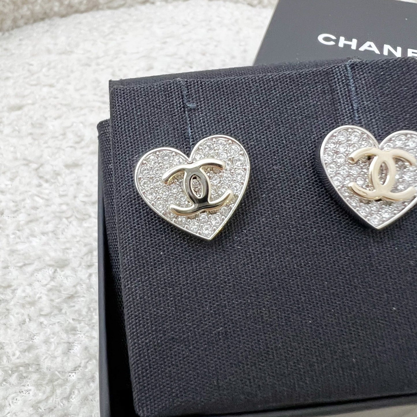 Chanel Heart and CC Earrings with Crystals in Shw