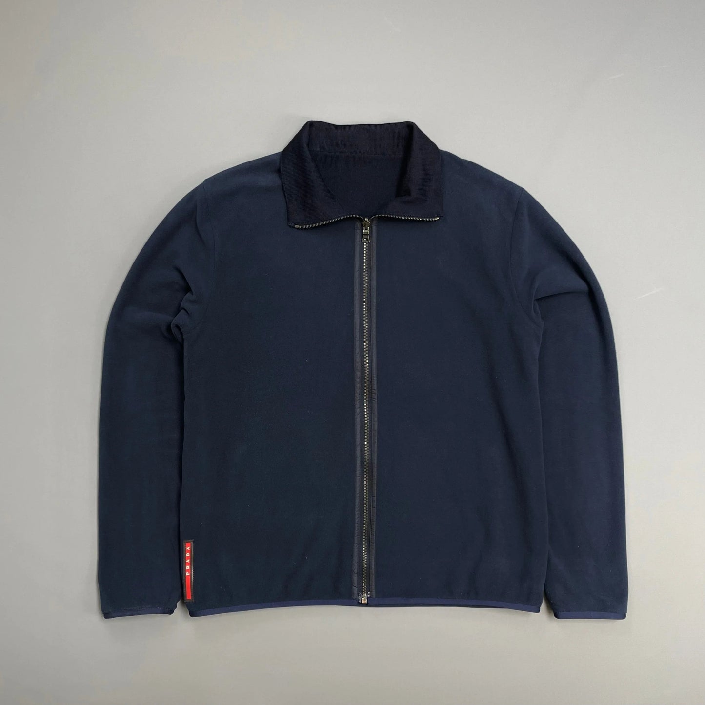 Prada Handbag Sport Reversible Fleece & Wool Knit Cardigan Blue Navy Zip