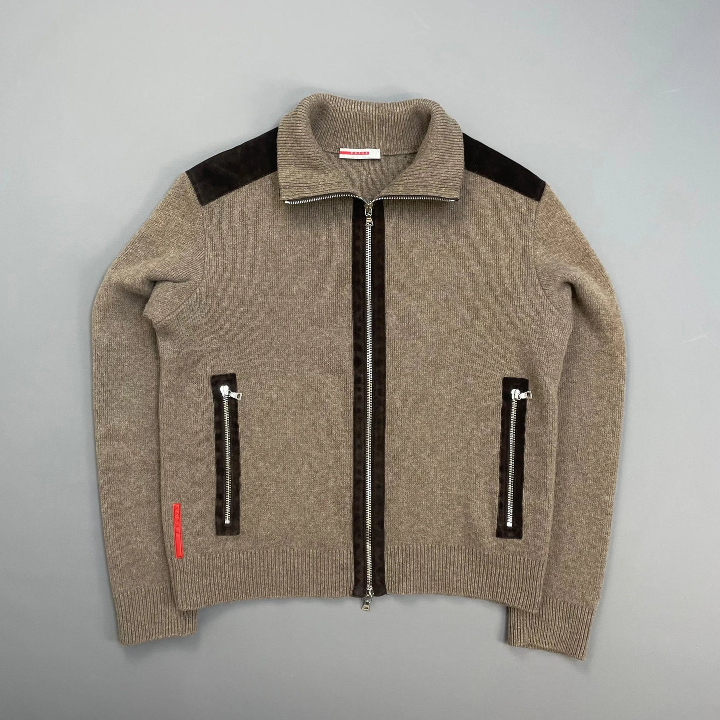 Prada Handbag Sport Wool Knit Cardigan Jacket Leather Suede Brown